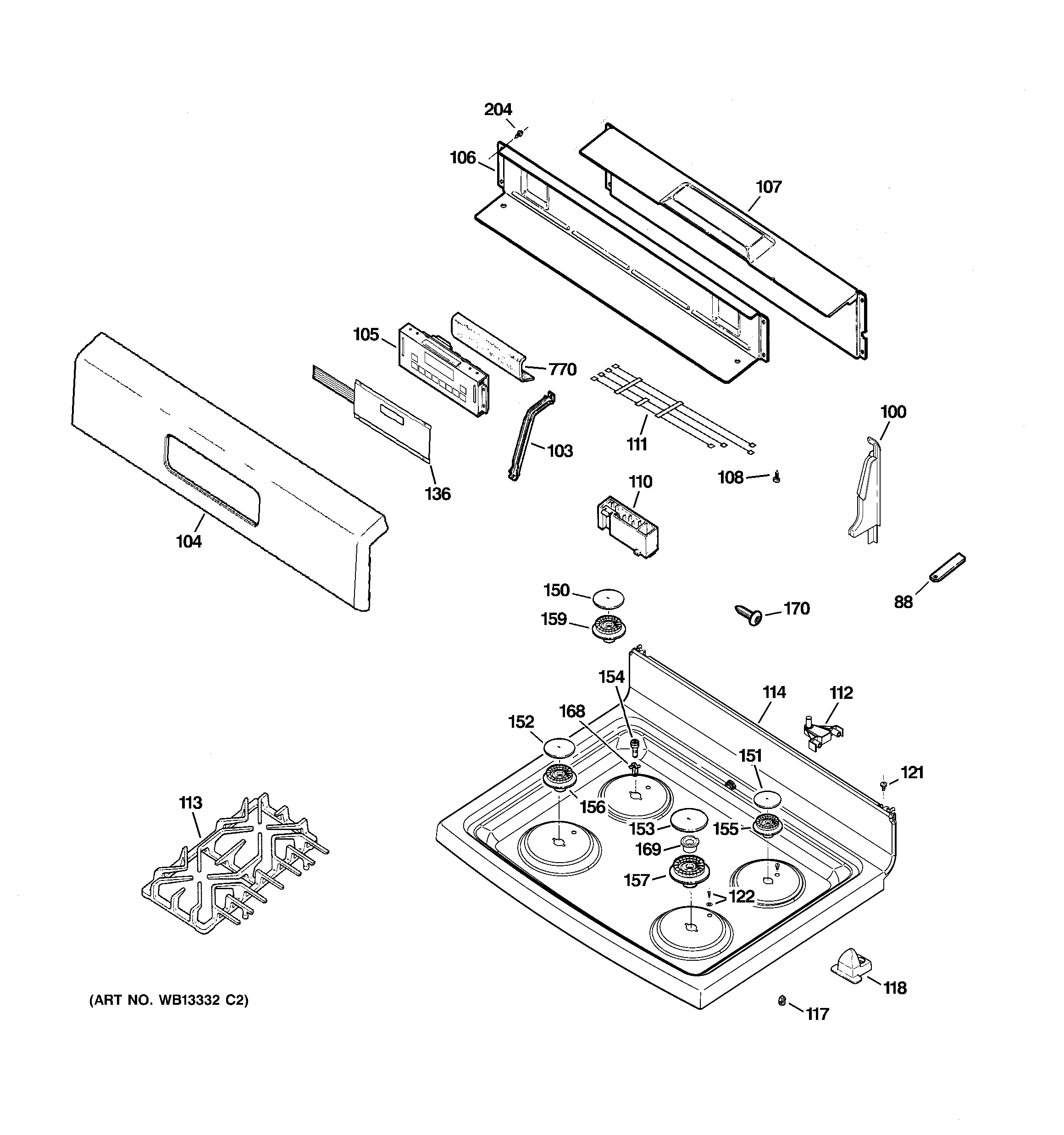 GE JGBP85CEJ4CC control panel & cooktop diagram