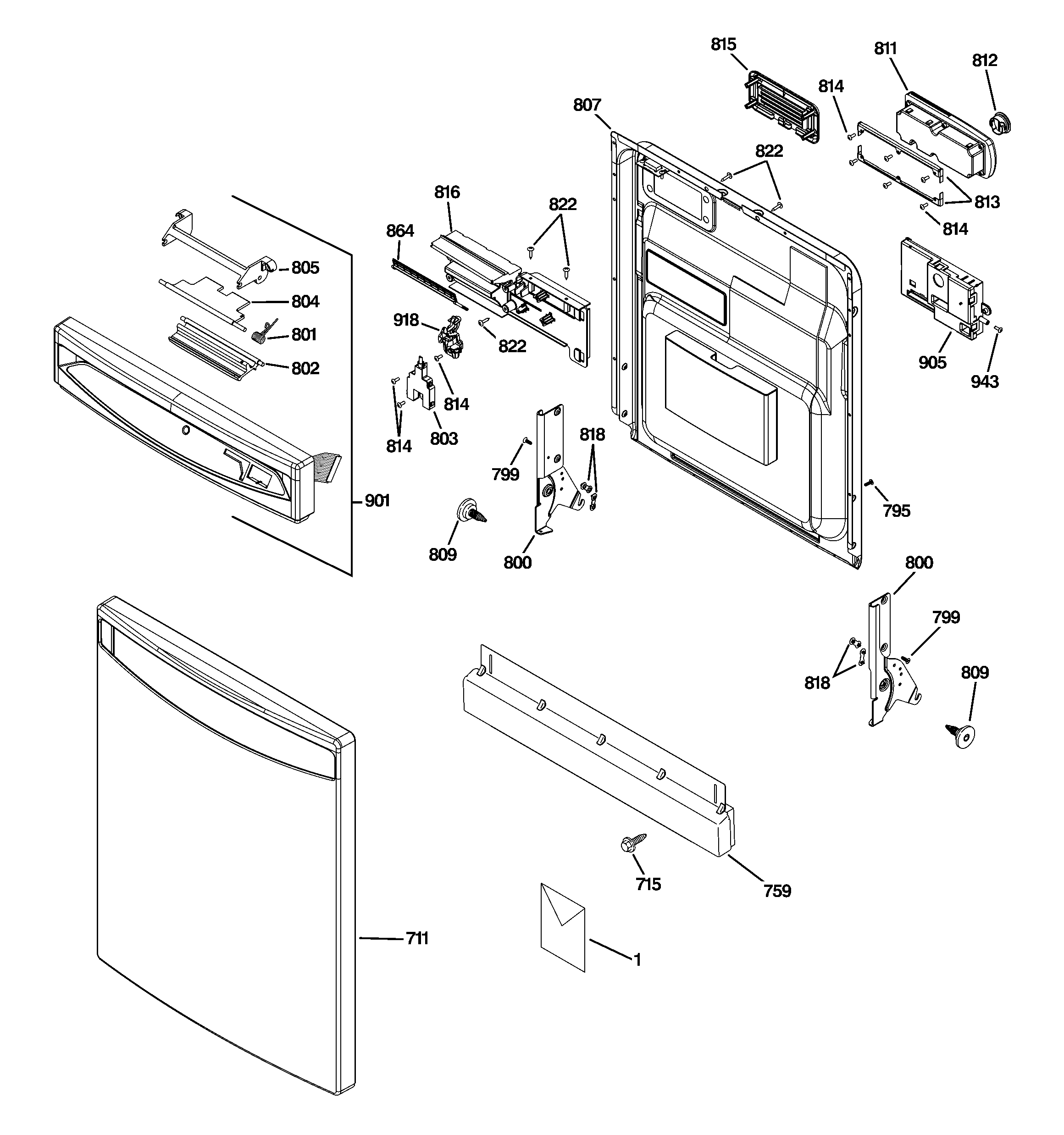 GE PDW8211J01BB escutcheon & door assembly diagram