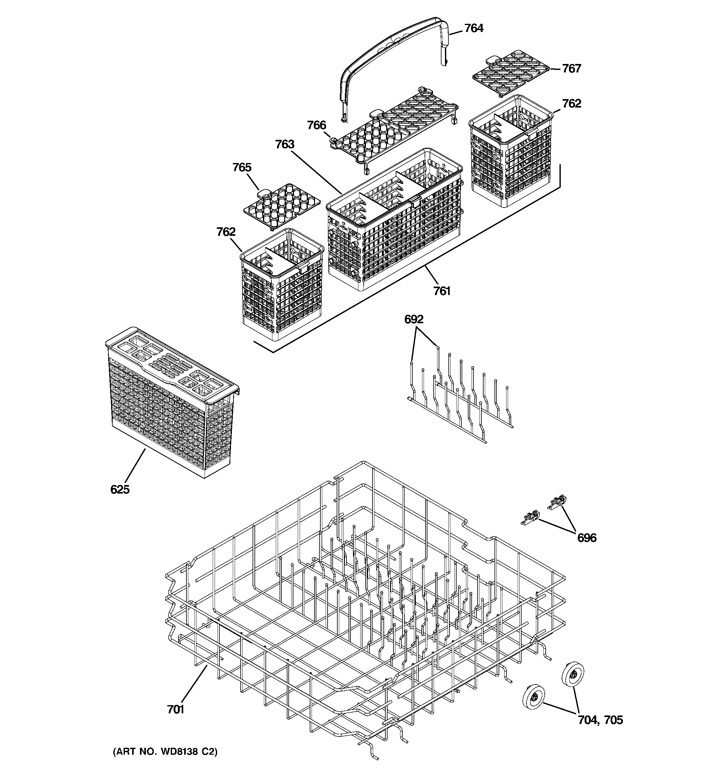 GE PDW8211J01BB lower rack assembly diagram