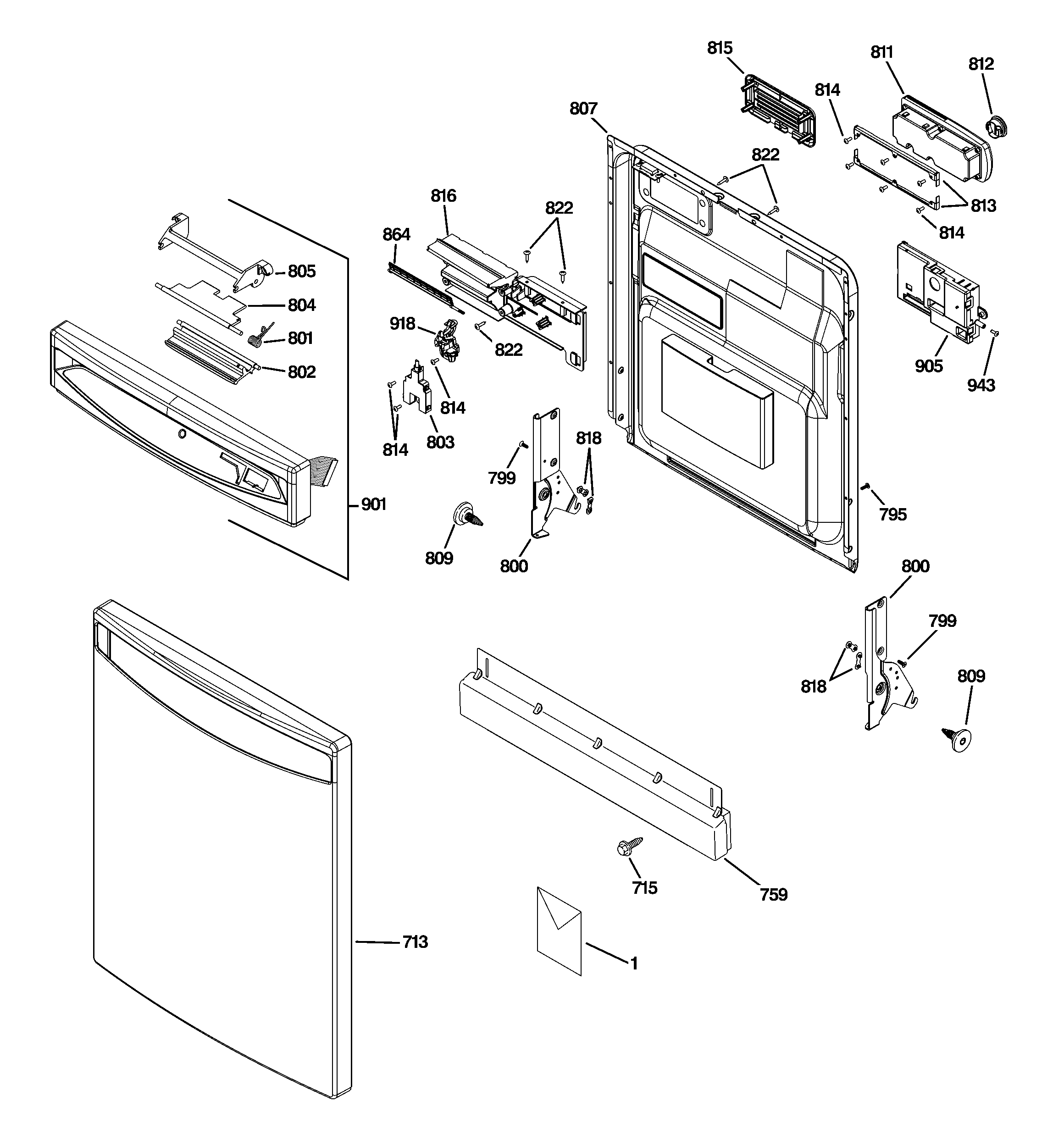 GE PDW8280J01SS escutcheon & door assembly diagram