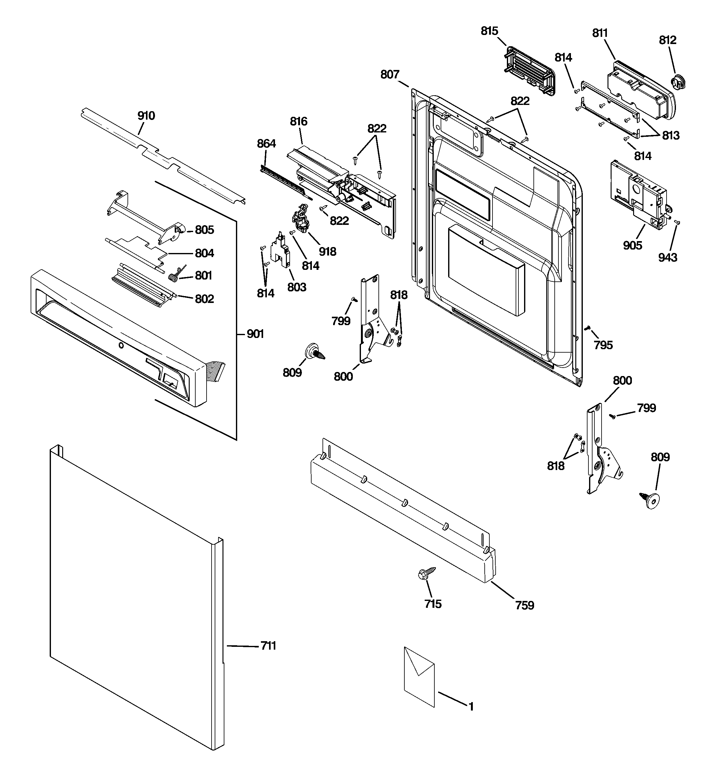 GE PDW8510J01WW escutcheon & door assembly diagram