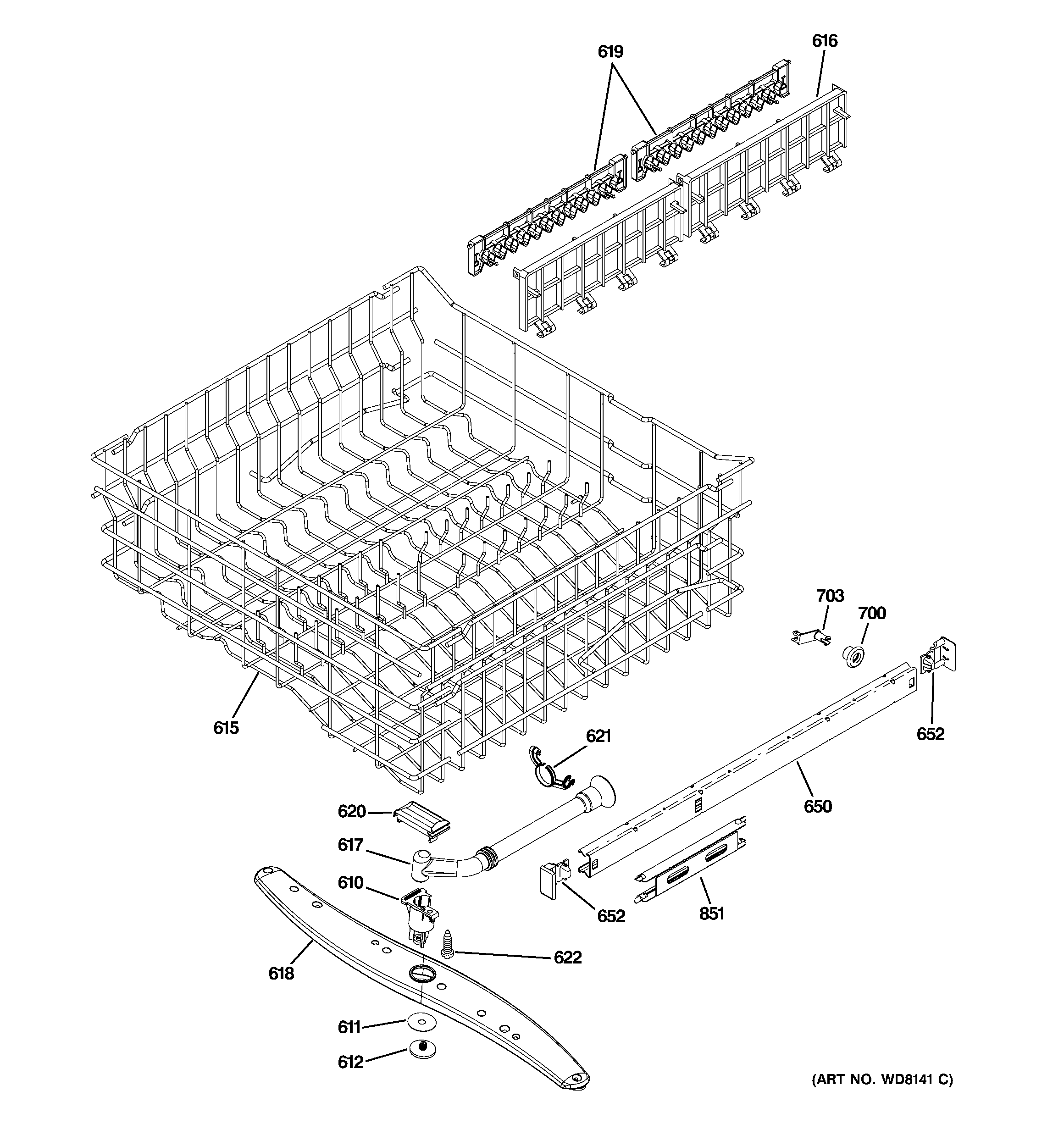 GE PDW8510J01WW upper rack assembly diagram