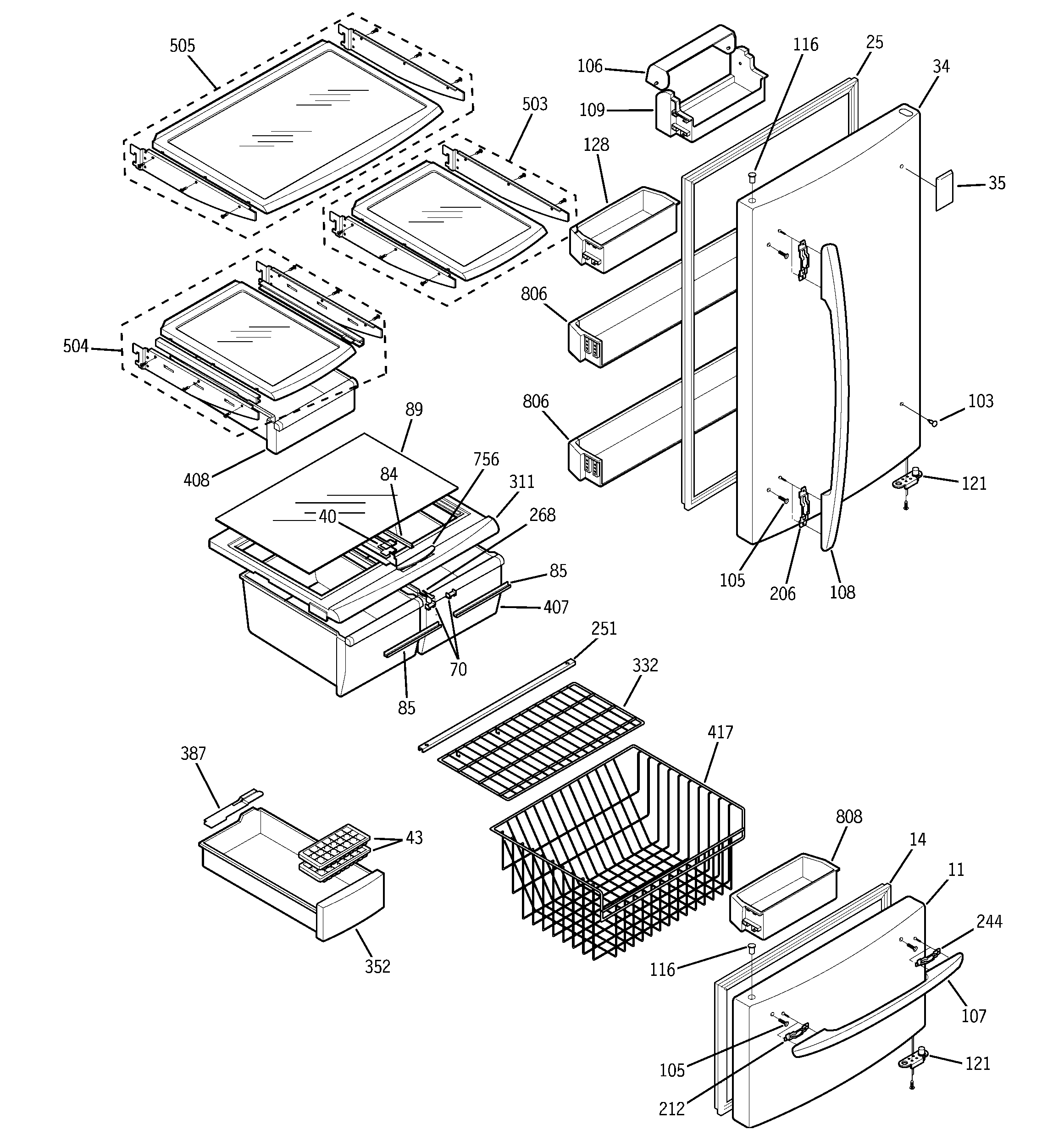 GE GBS22HCPABB doors & shelves diagram