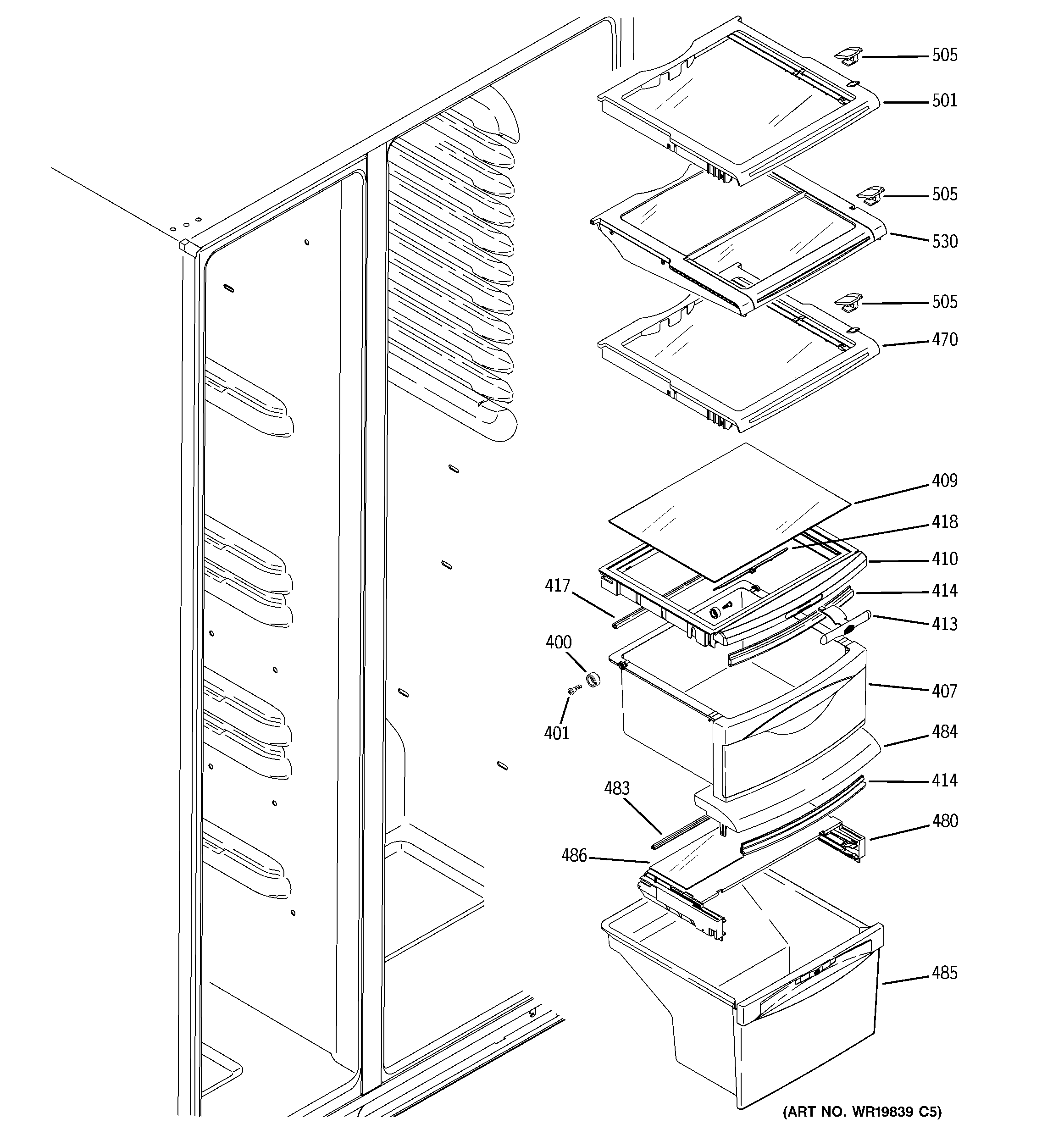 GE LSS25XSTASS fresh food shelves diagram