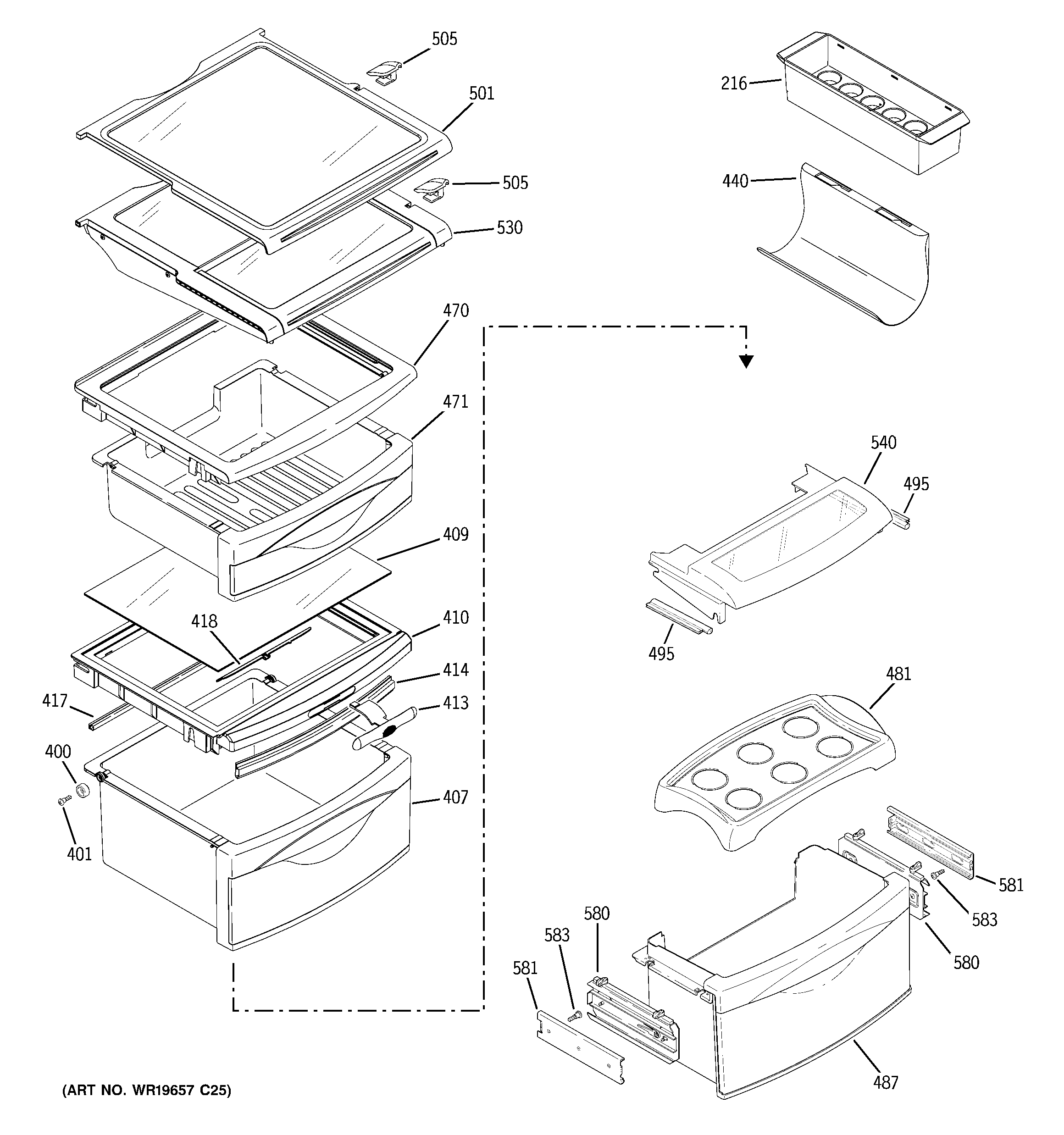 GE PCE23NHTCFSS fresh food shelves diagram