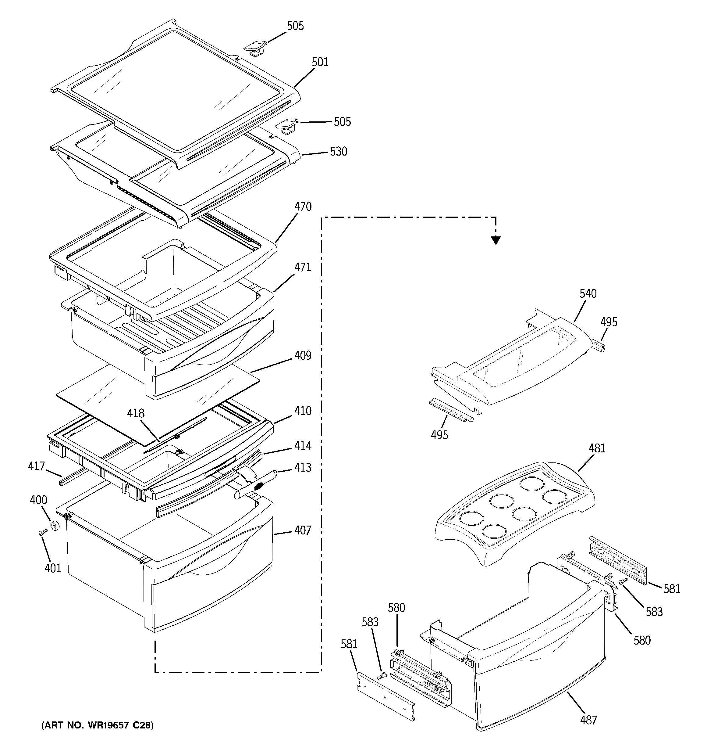 GE PSI23NSTCSV fresh food shelves diagram