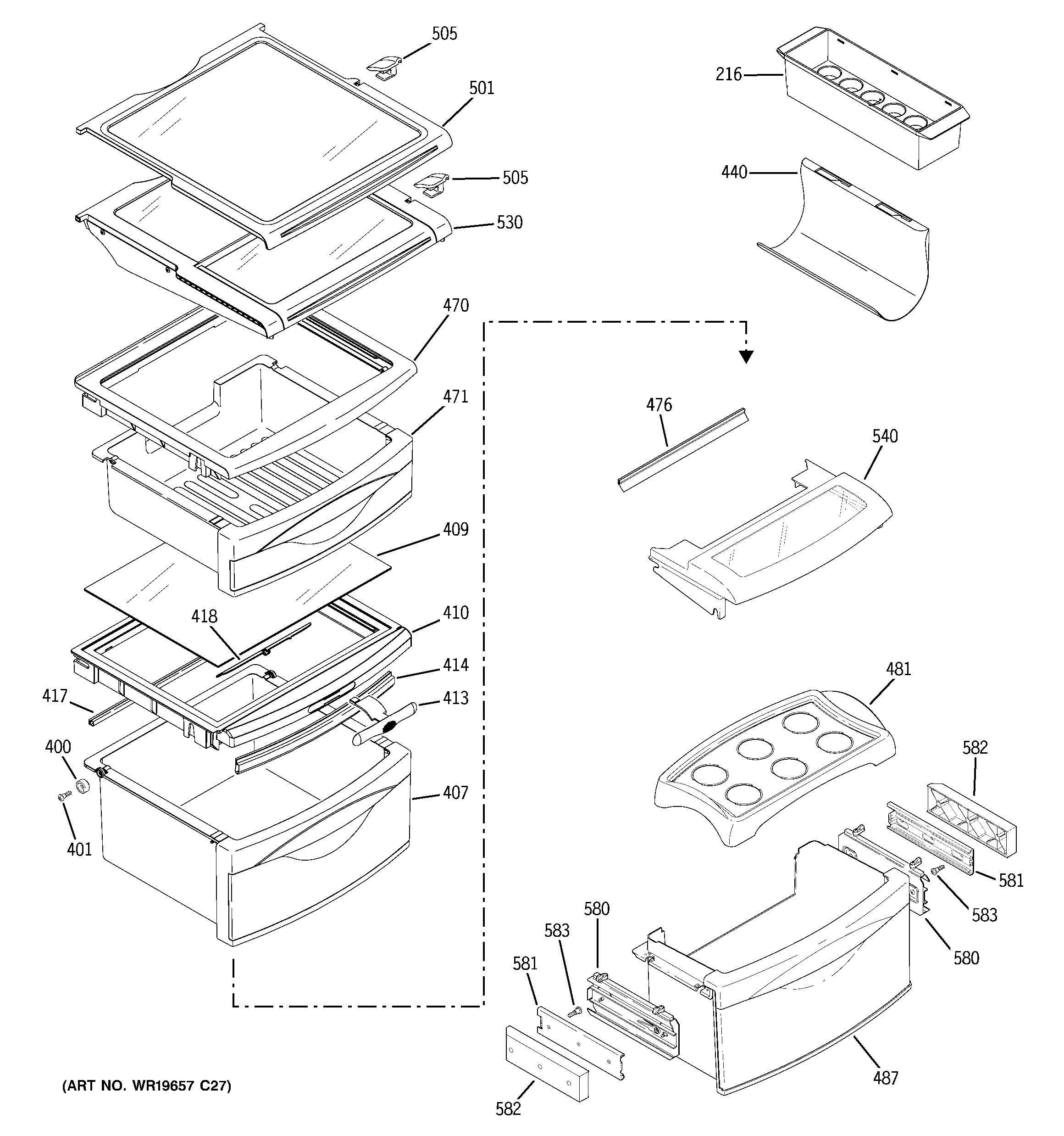 GE PCK23NHSCFCC fresh food shelves diagram