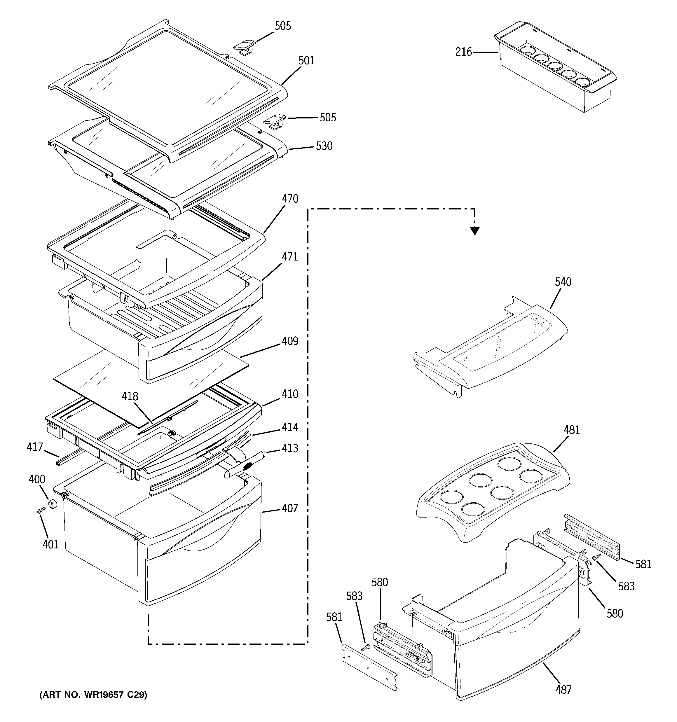 GE PSE25NGTCCBB fresh food shelves diagram