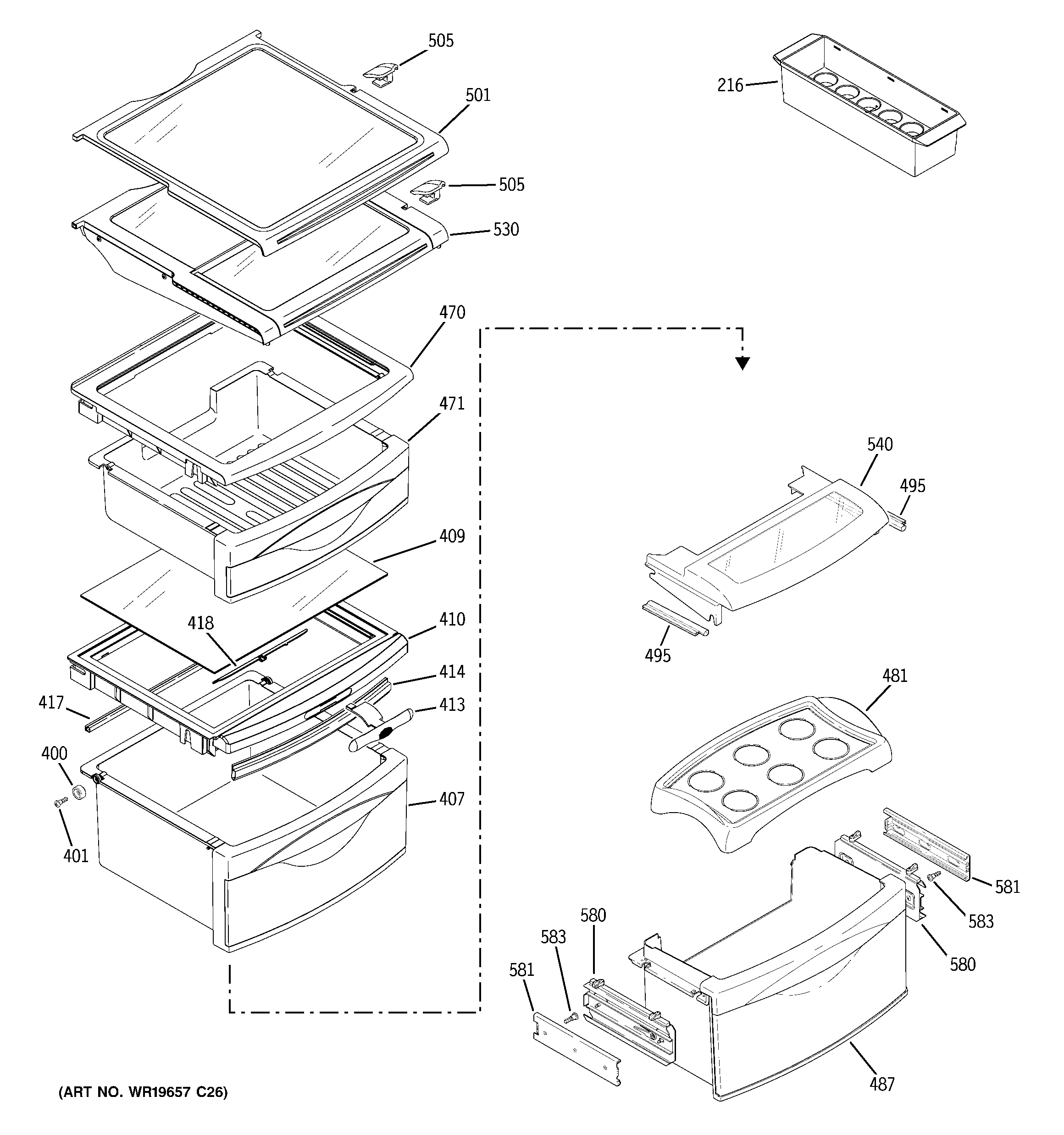 GE PSE25NGTCFBB fresh food shelves diagram