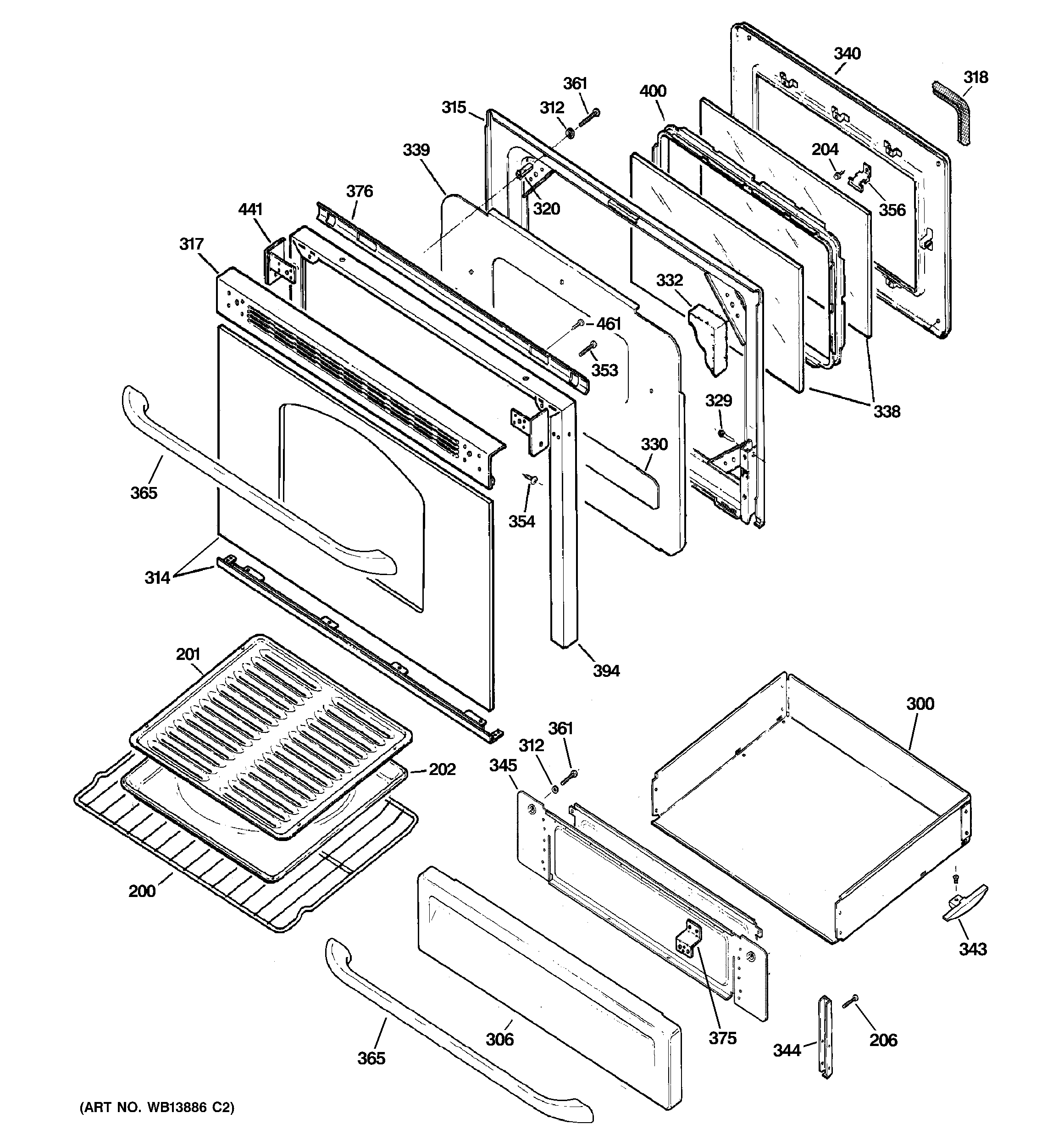 GE JGBP28SEL2SS door & drawer parts diagram