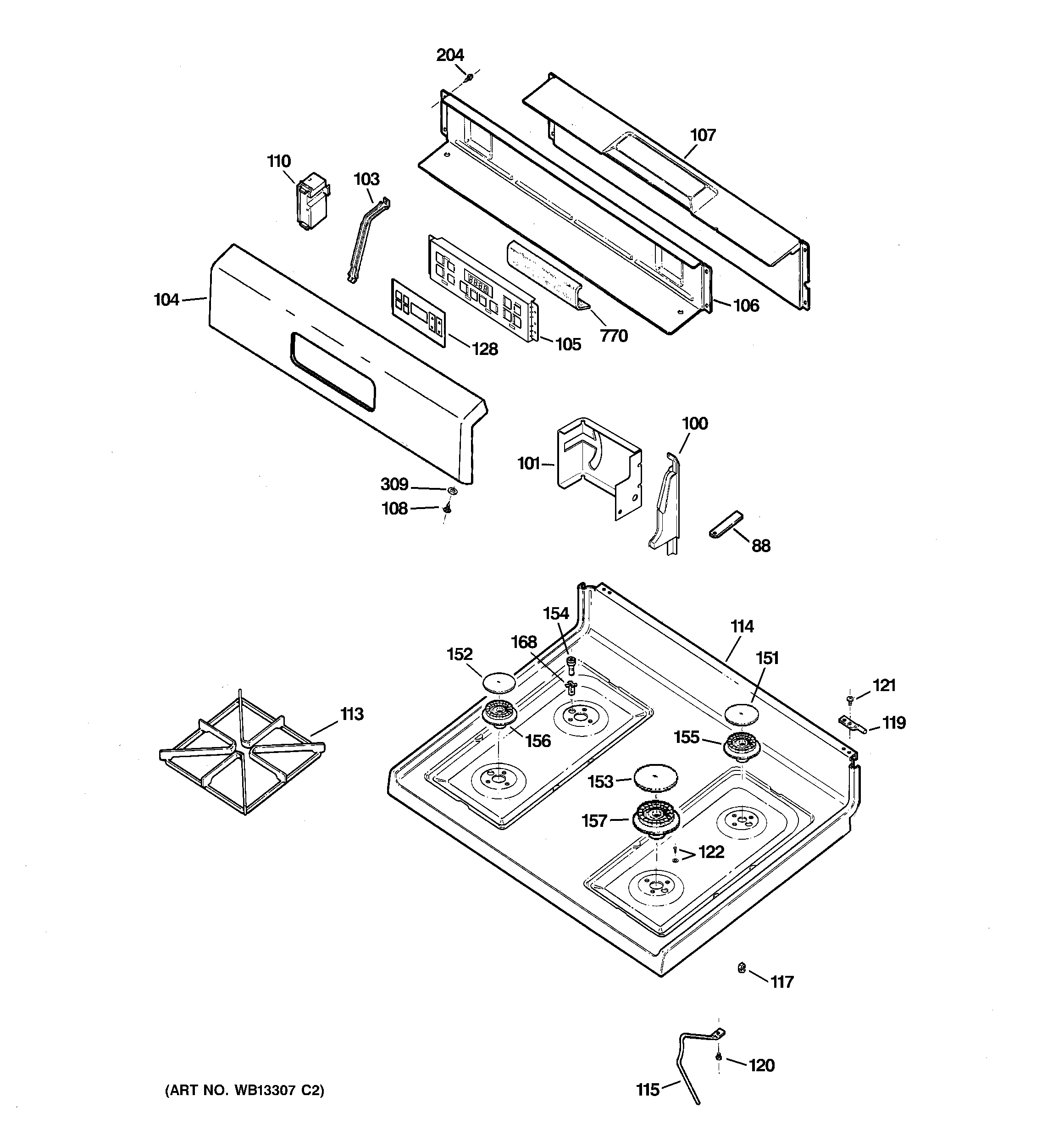 GE JGBP30BEK3BB control panel & cooktop diagram