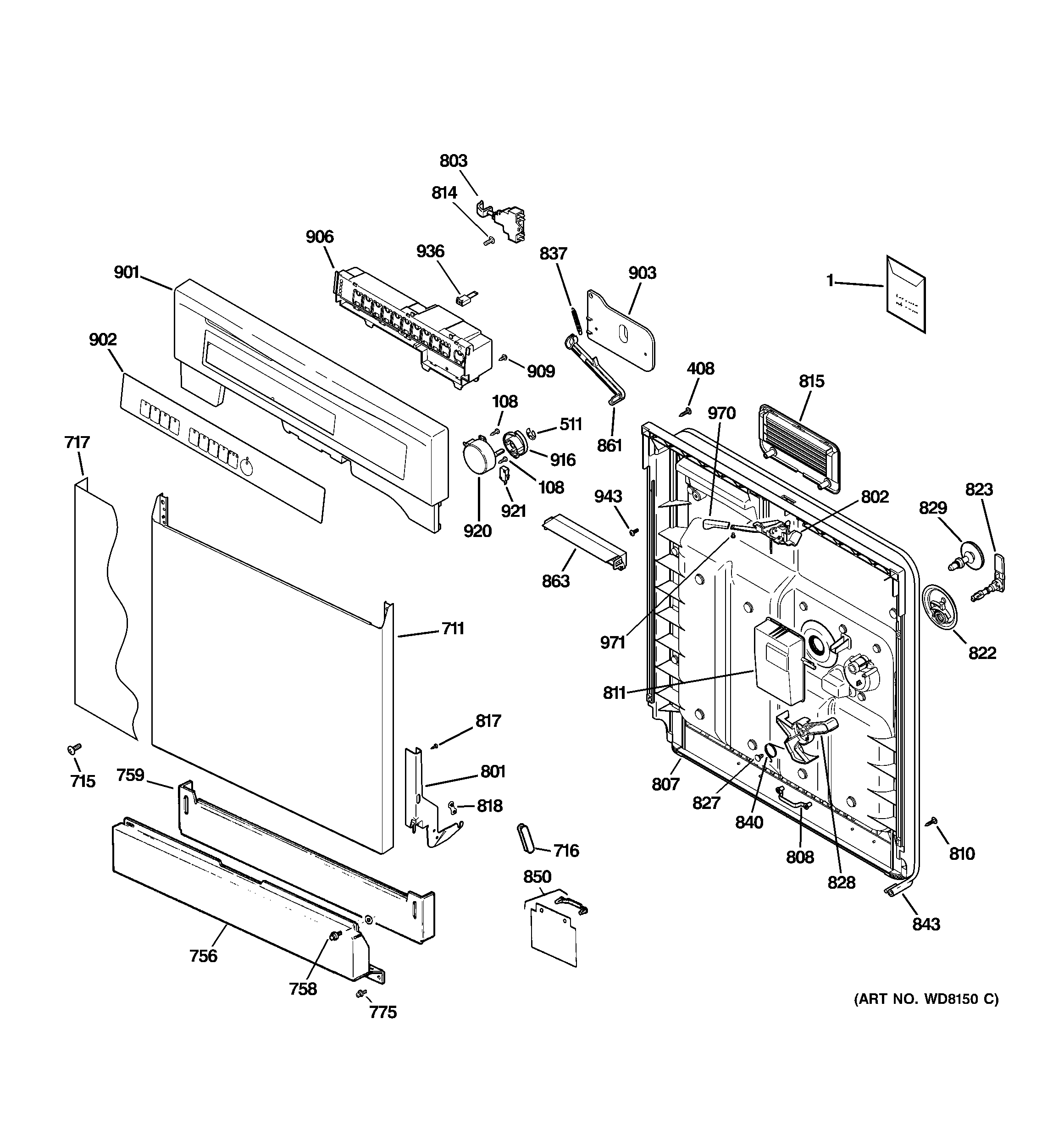 GE GSD3900L20BB escutcheon & door assembly diagram