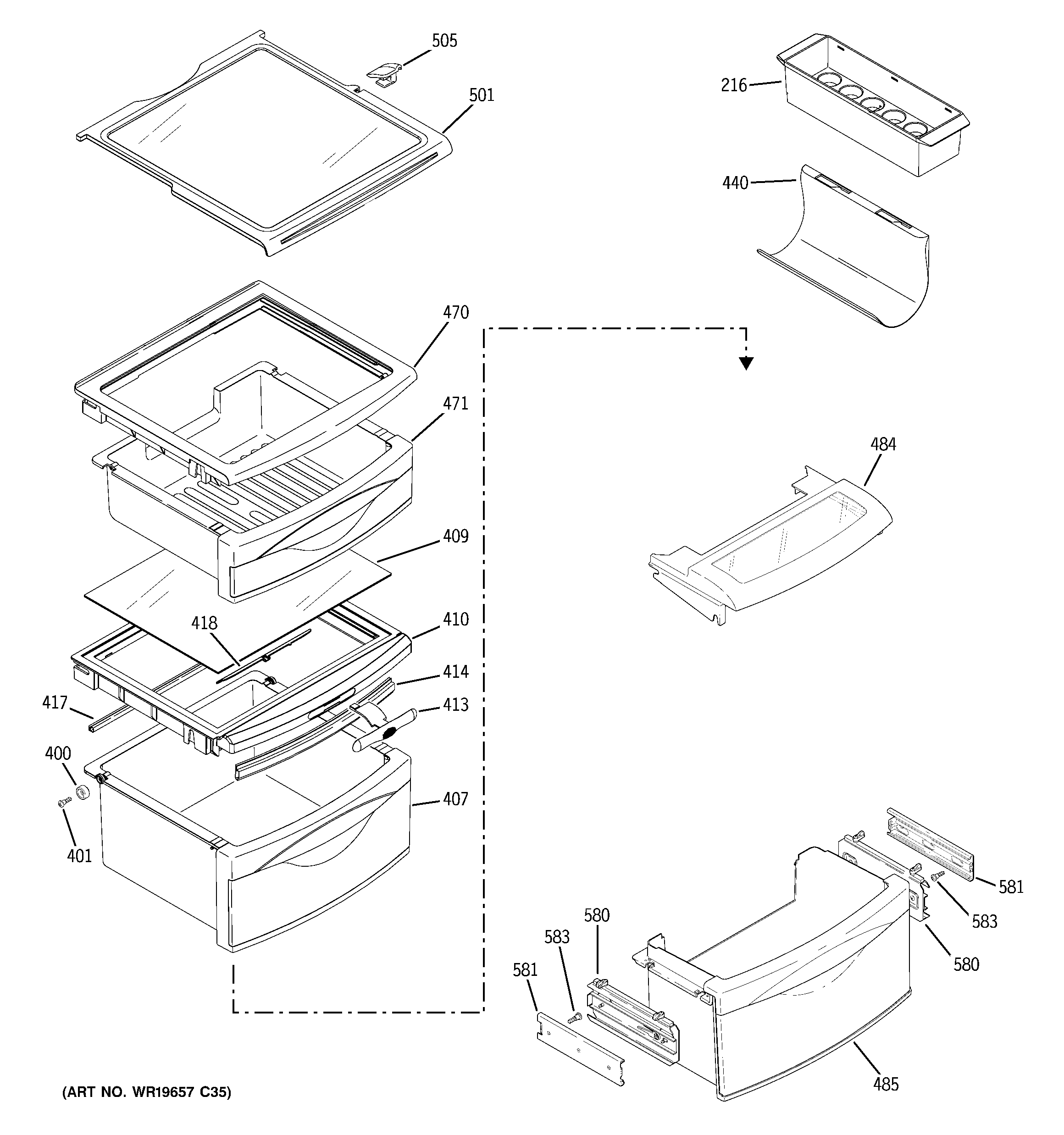 GE GSK25LHTACCC fresh food shelves diagram