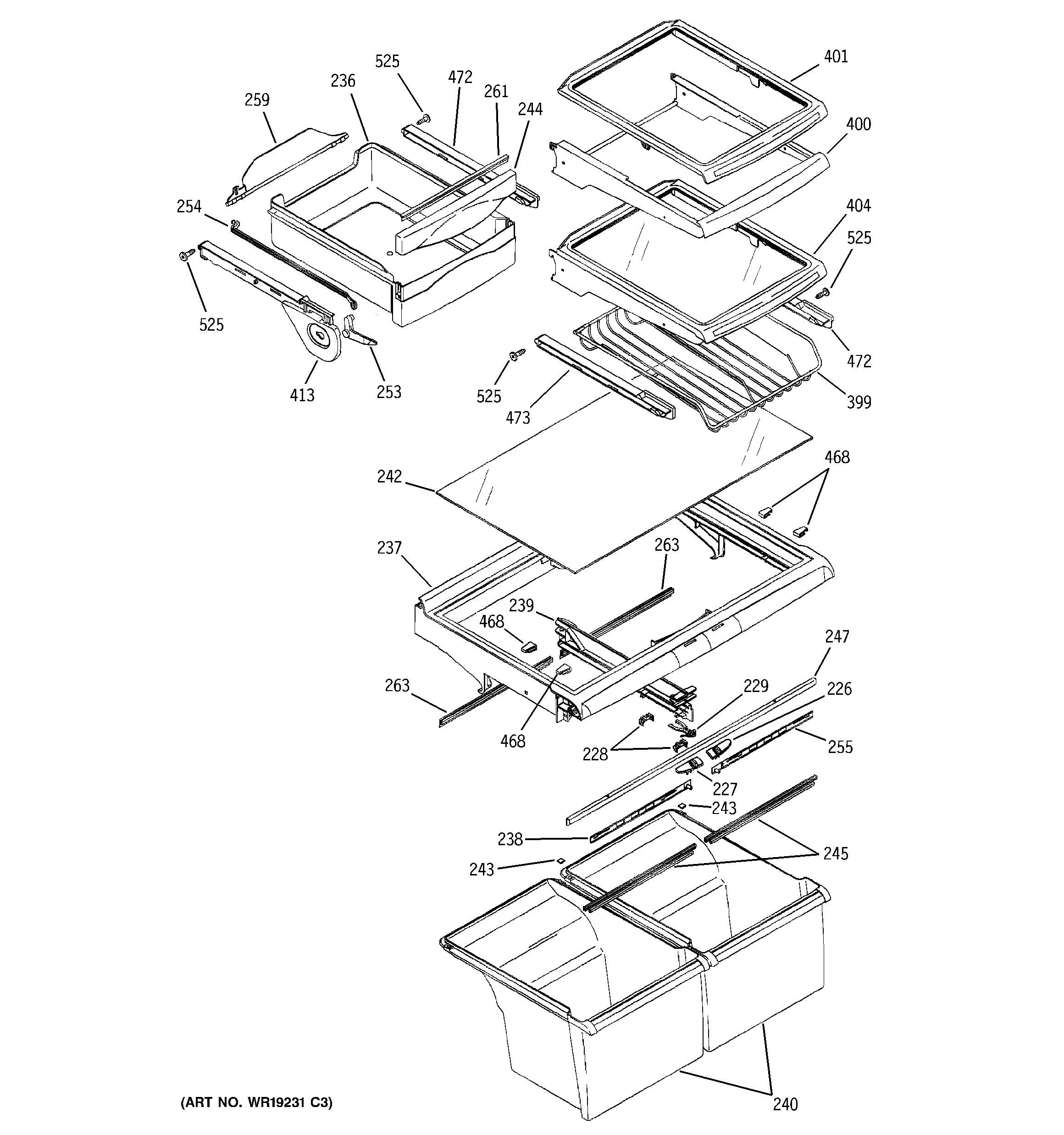 GE PTE25LBTARWW fresh food shelves diagram