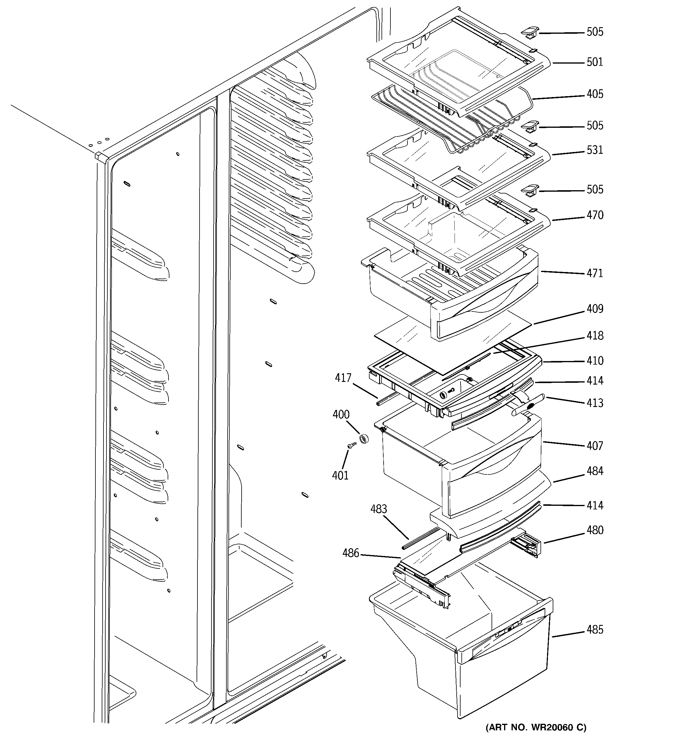 GE LSS25XGTEBB fresh food shelves diagram