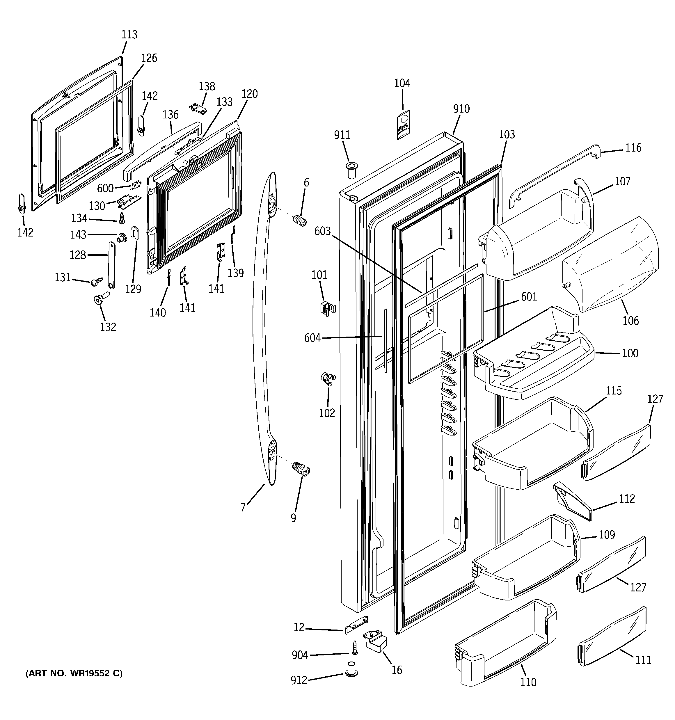 GE PSC23SHTESS fresh food door shelves diagram