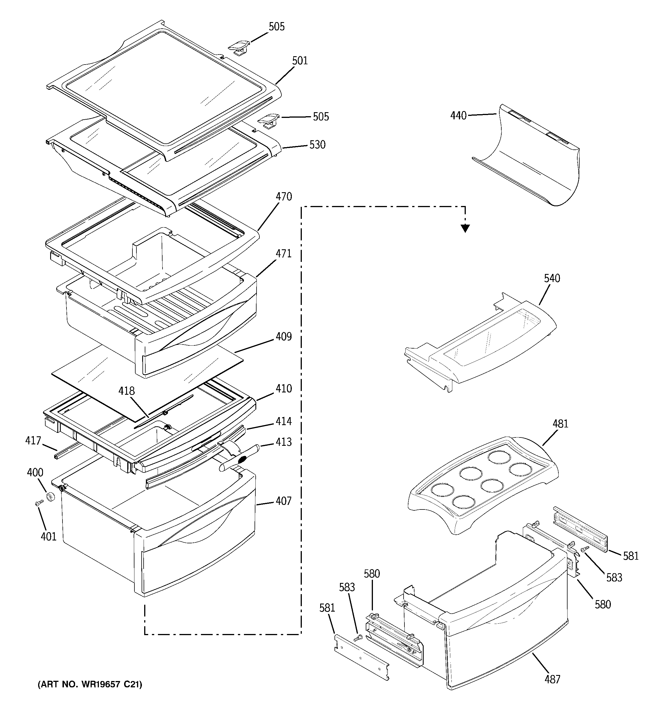 GE PSC23SHTESS fresh food shelves diagram