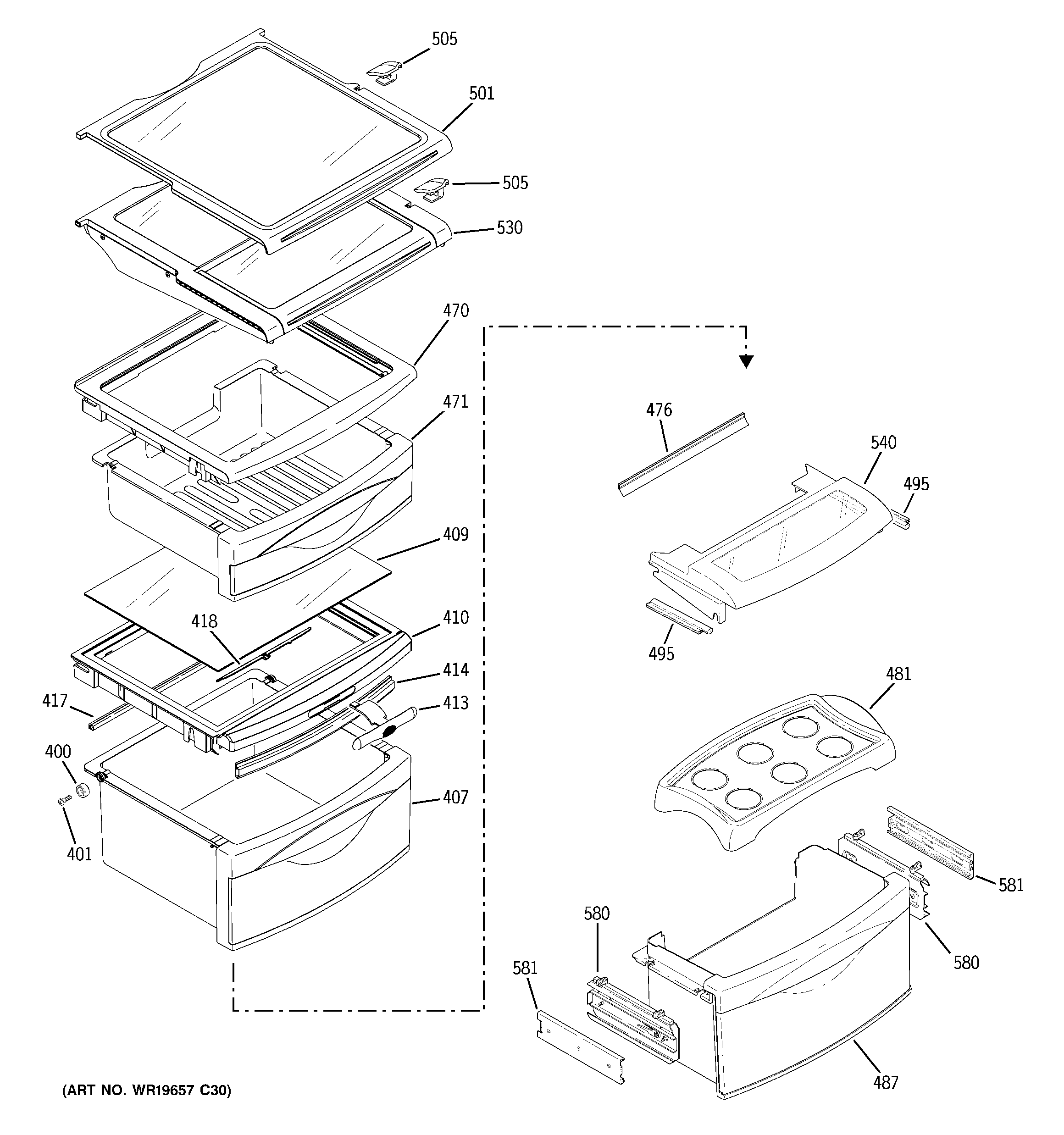 GE ZFSB25DTBSS fresh food shelves diagram