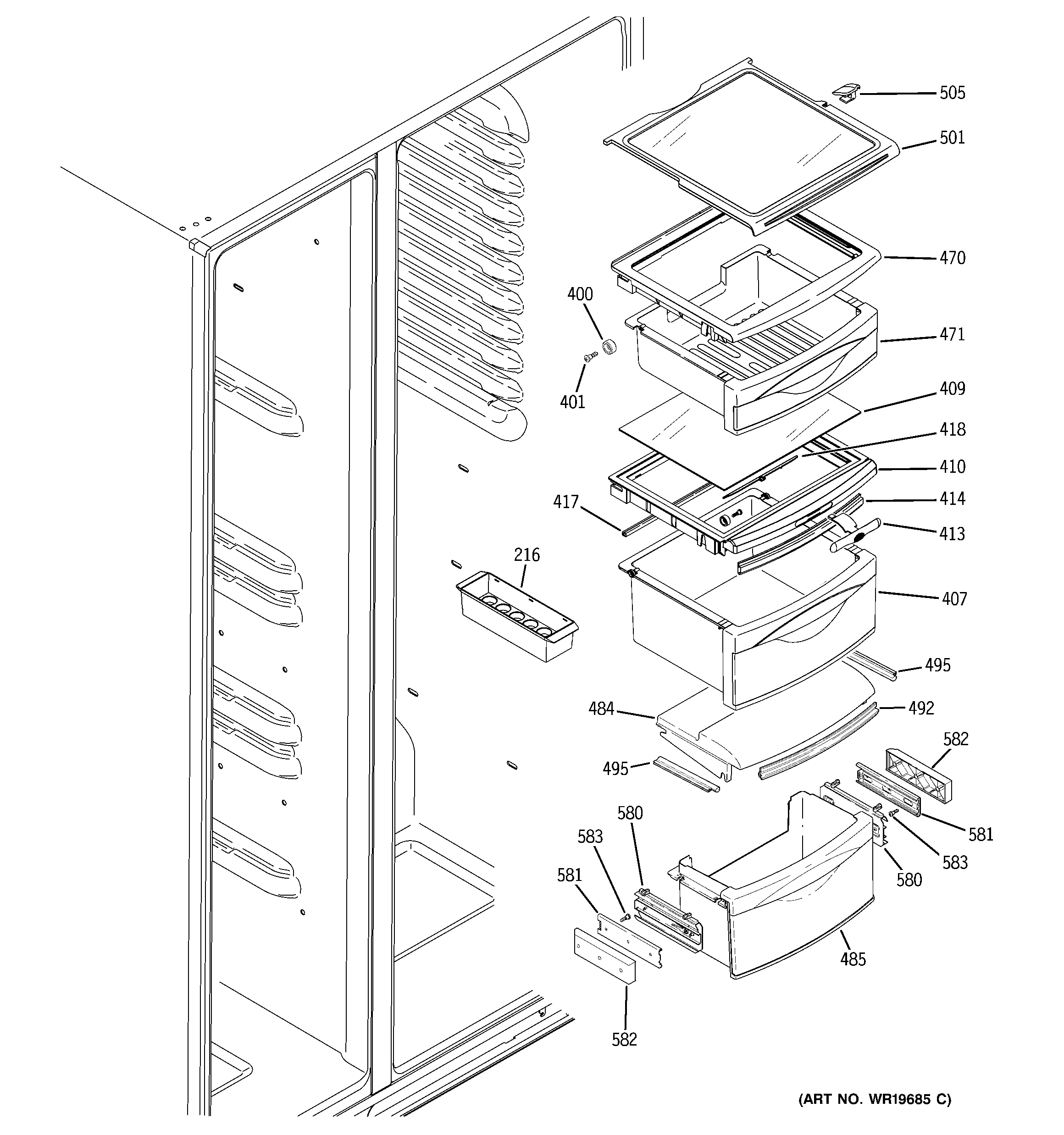 GE GIE21IETBFBB fresh food shelves diagram