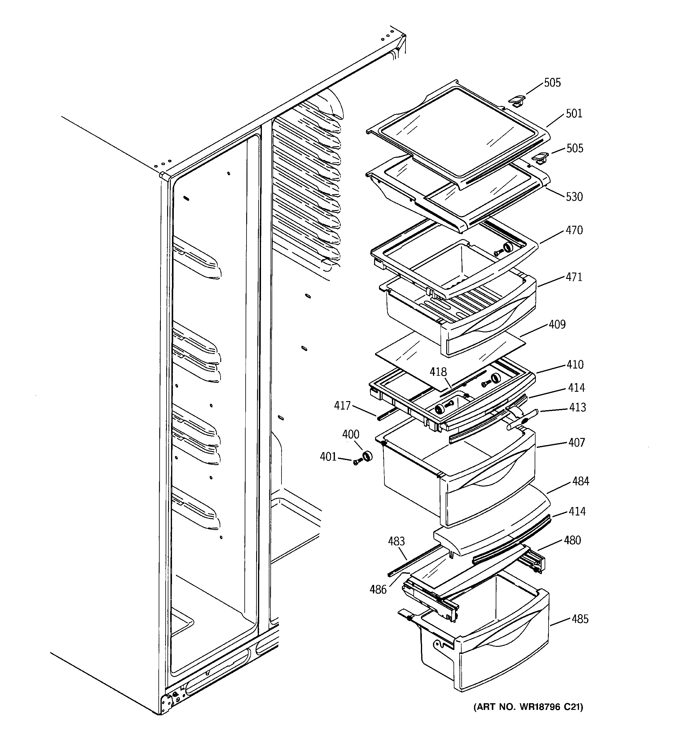 GE GSF25TGTEBB fresh food shelves diagram