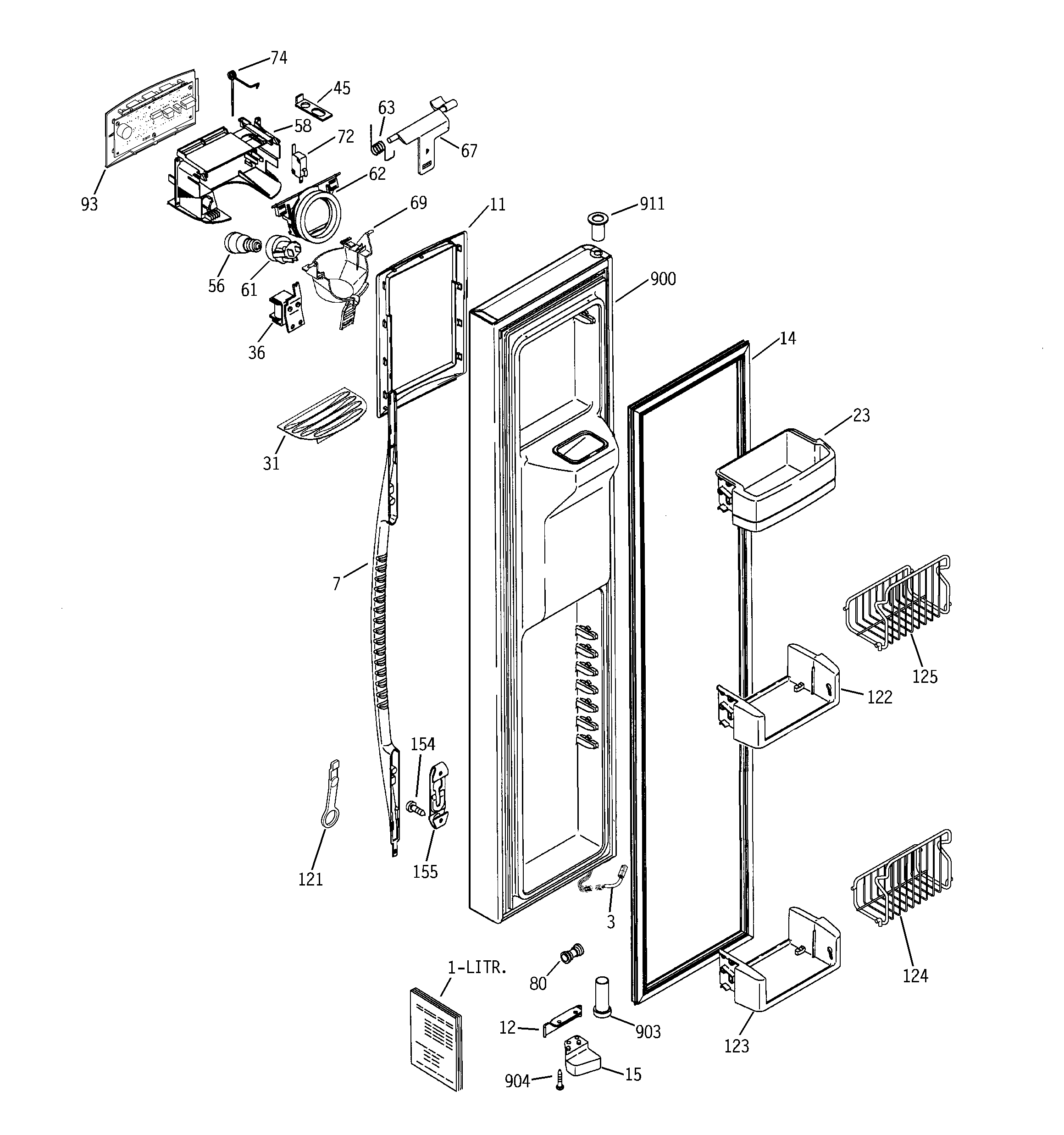 GE PCK23NHSDFCC freezer door diagram