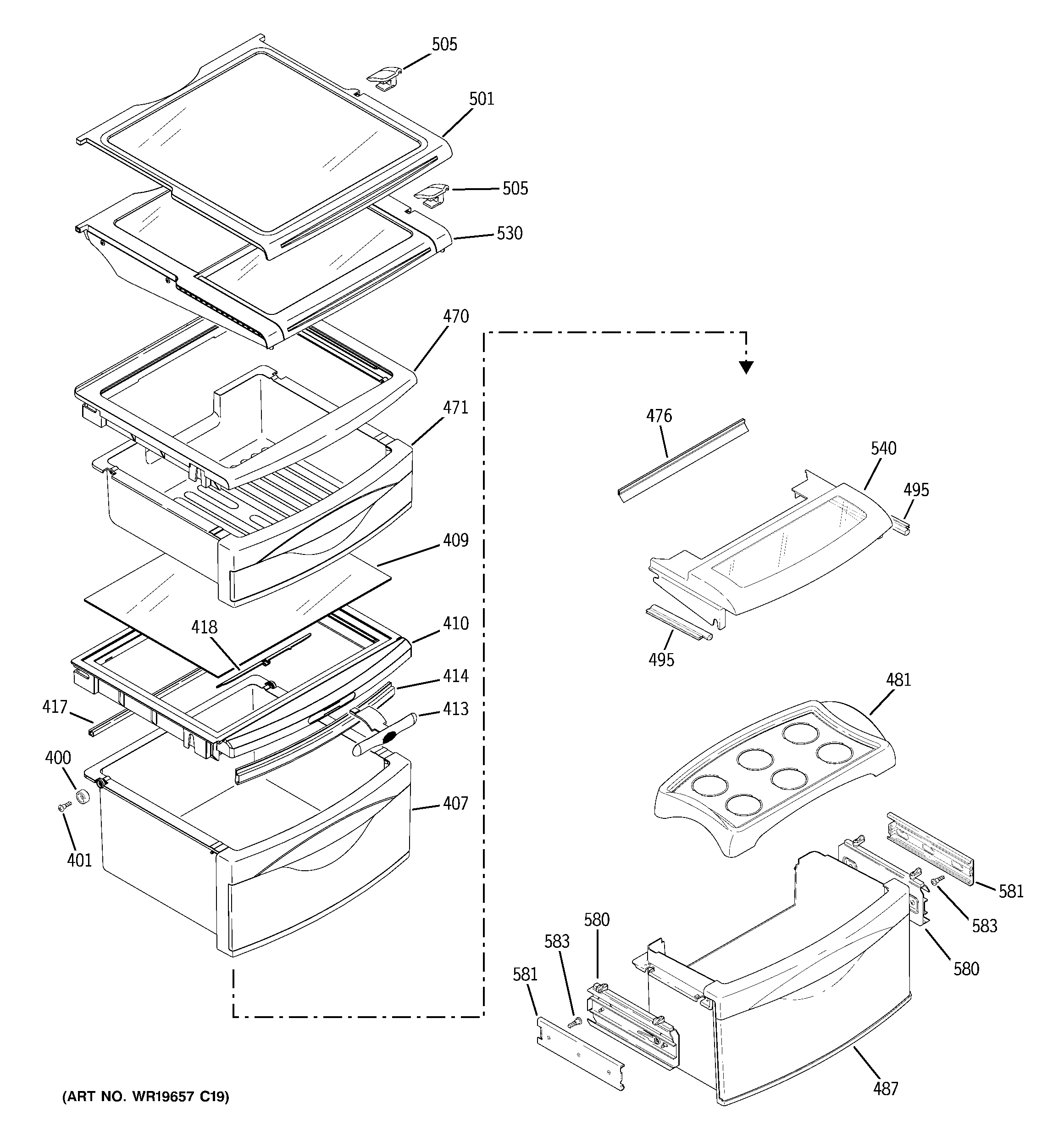 GE PSS23MSTESS fresh food shelves diagram