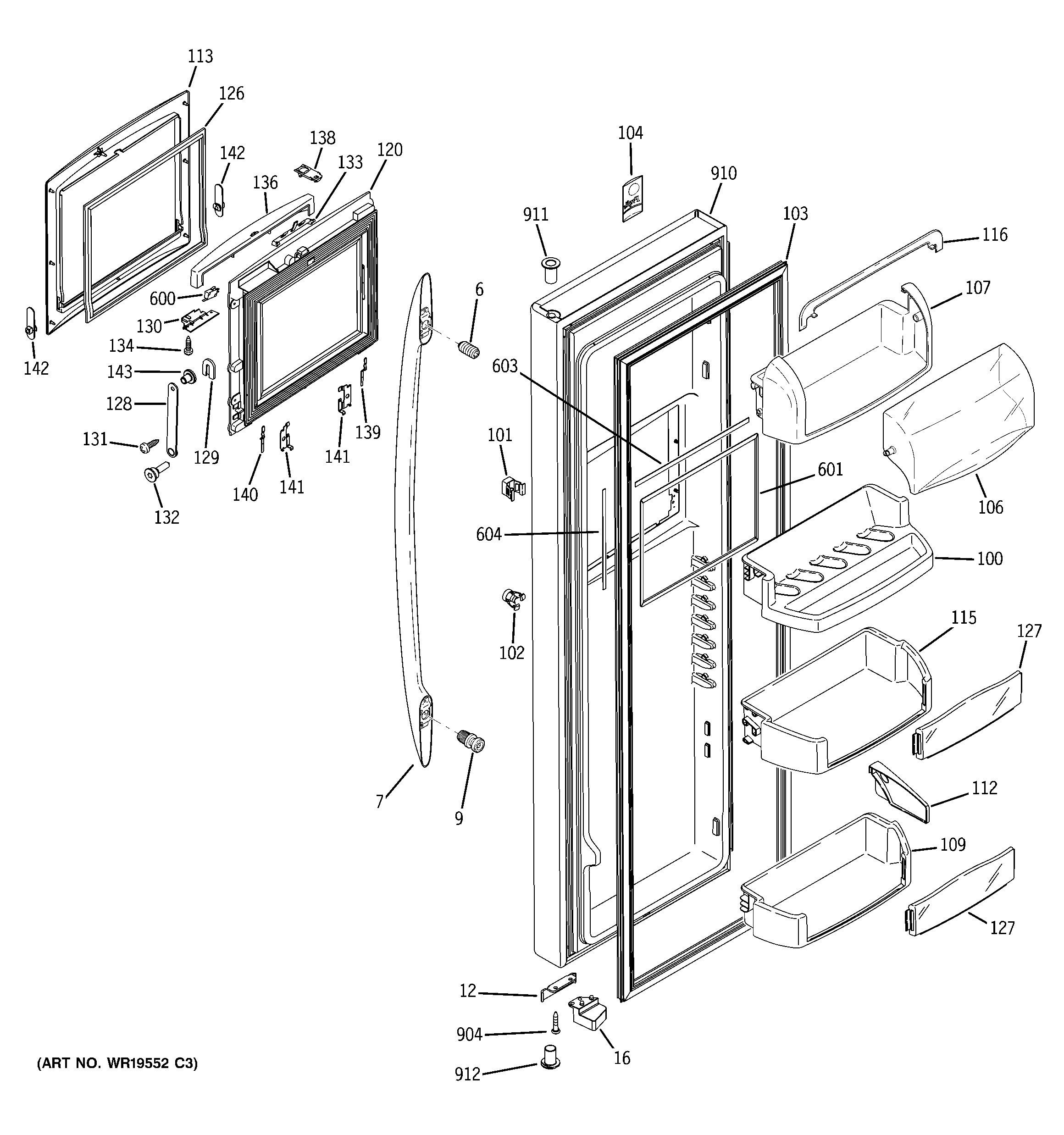 GE PSS26SHTESS fresh food door diagram