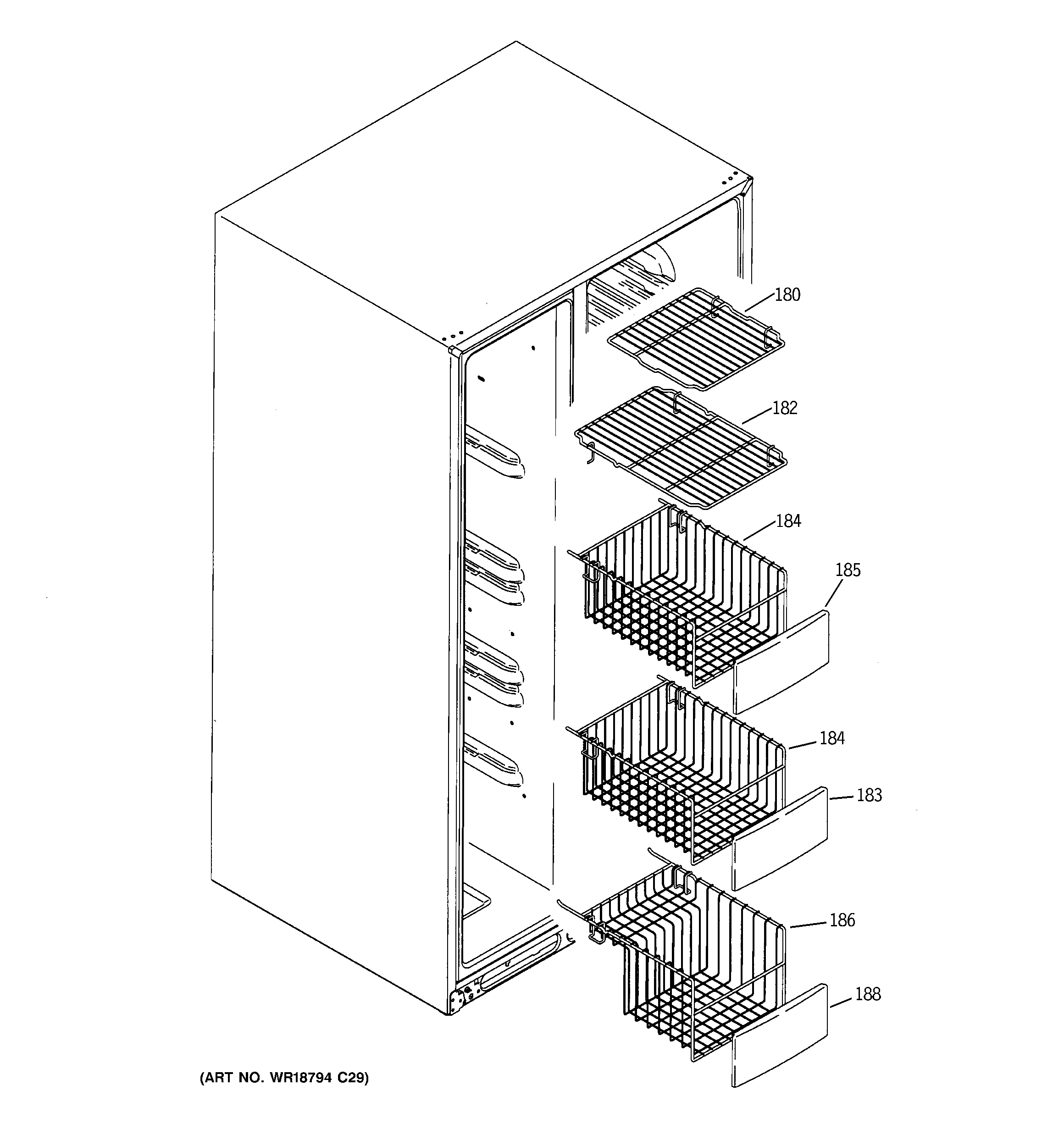 GE GCE21MGTAFBB freezer shelves diagram