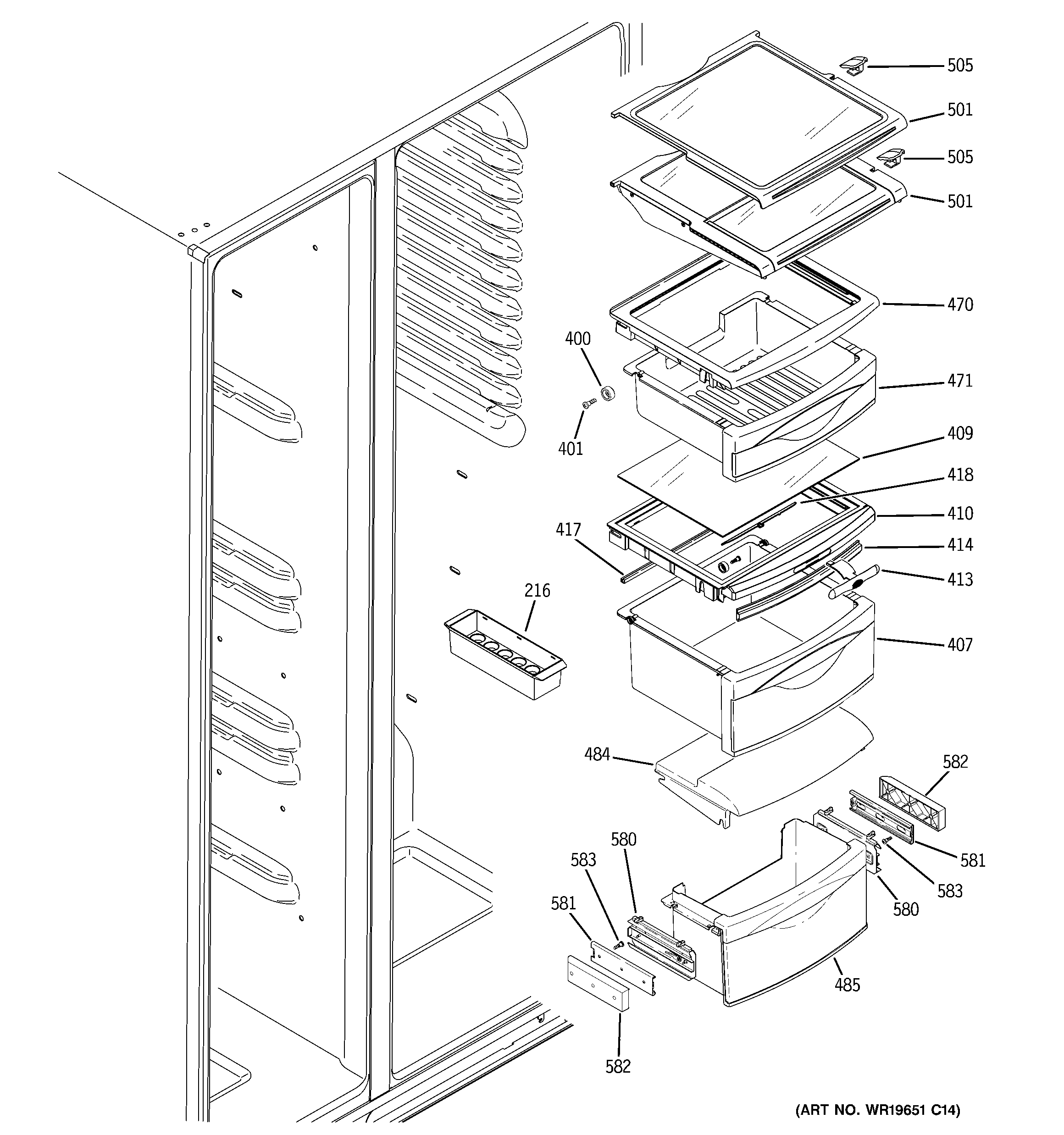 GE GCE21MGTAFBB fresh food shelves diagram