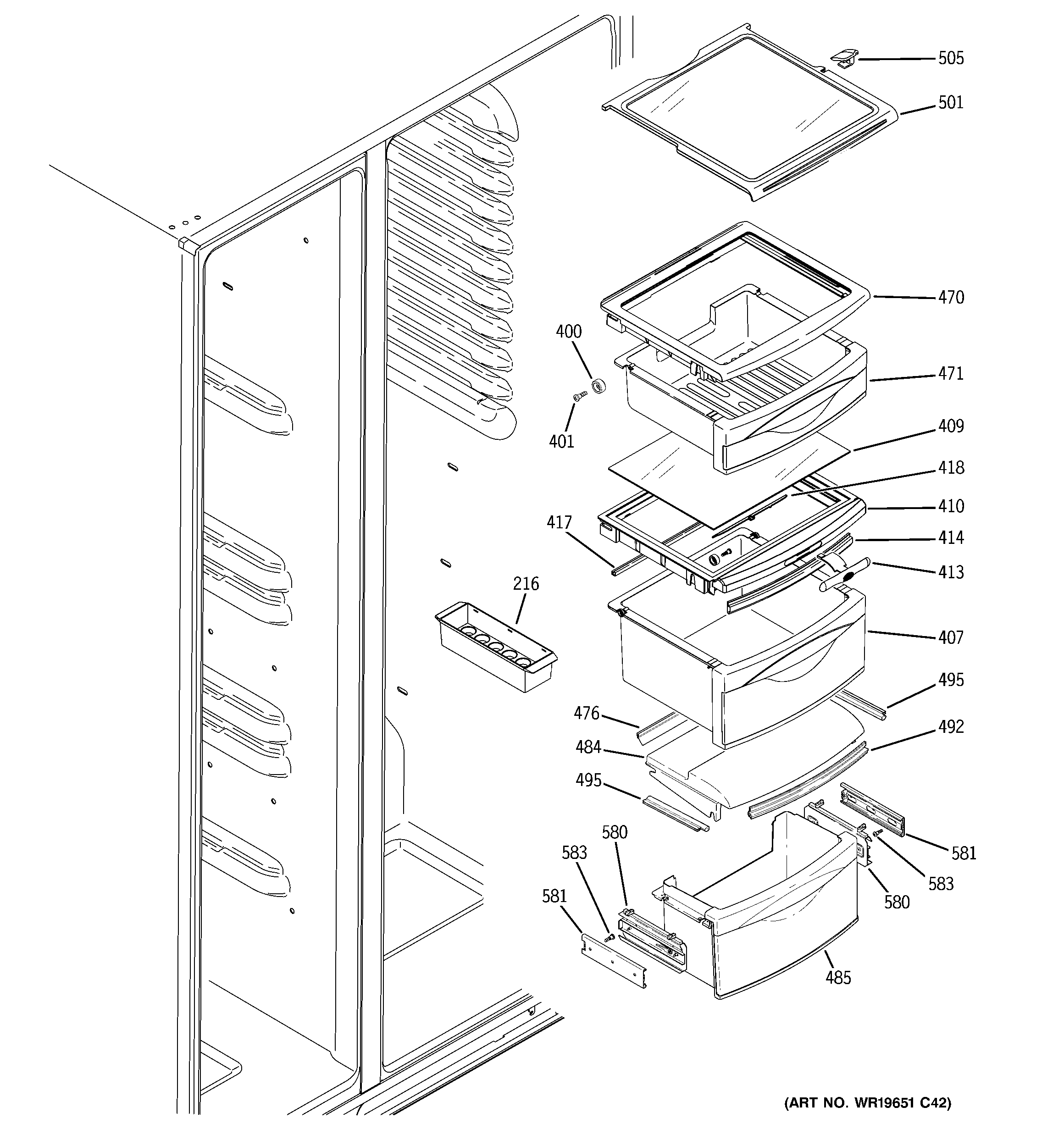 GE GCE21MGTAFSS fresh food shelves diagram