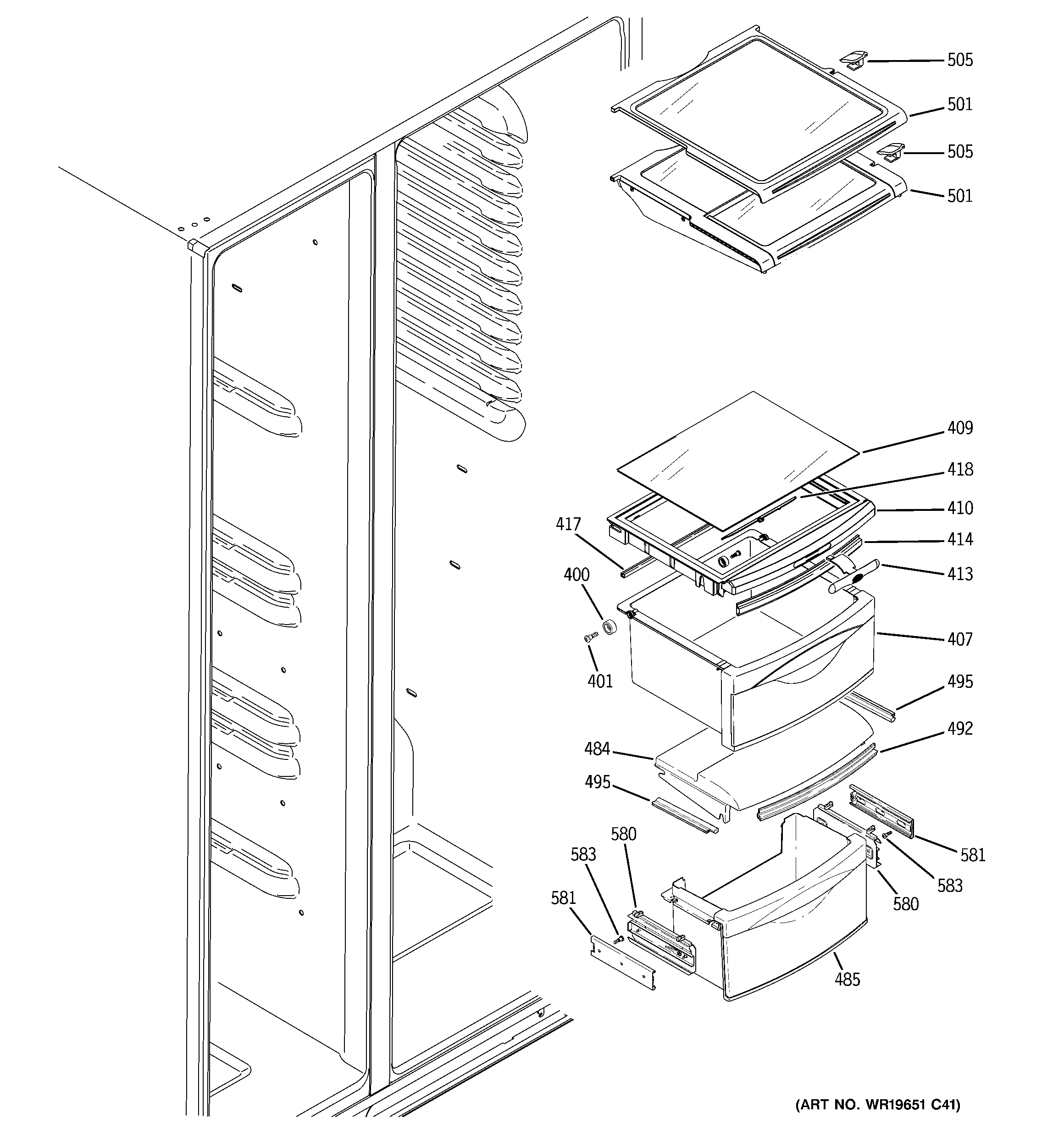 GE GCU21LGTAFSS fresh food shelves diagram