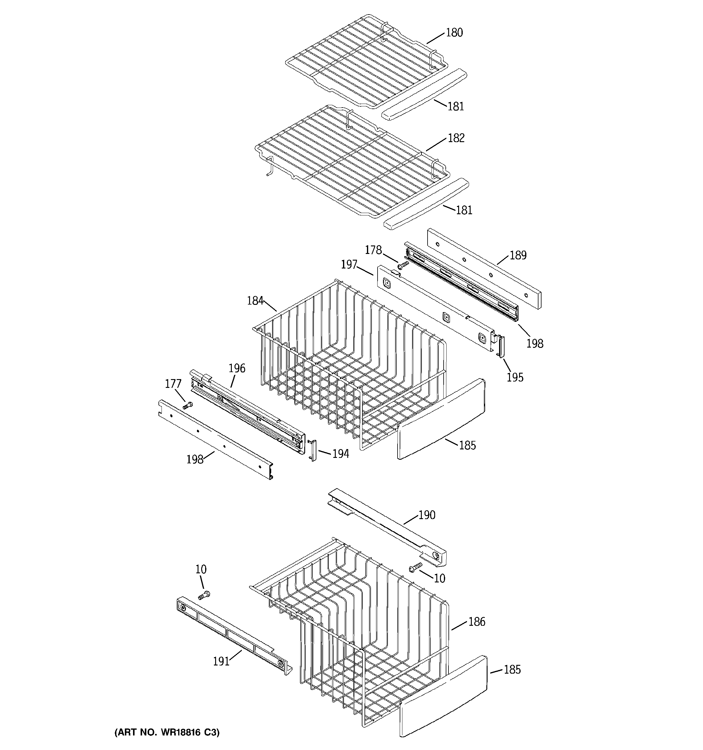 GE PCE23NGTCFWW freezer shelves diagram