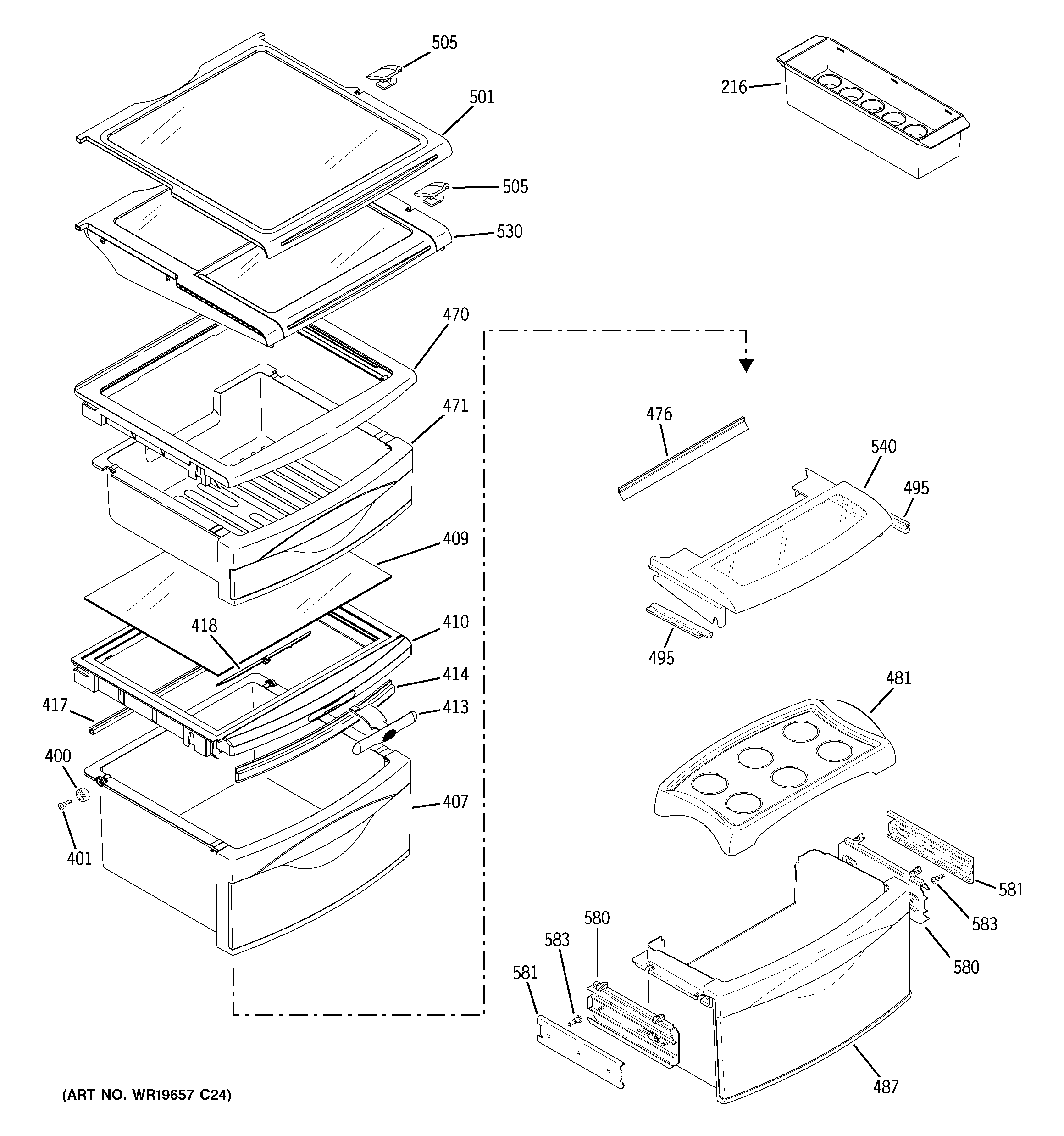 GE PCE23NGTCFWW fresh food shelves diagram