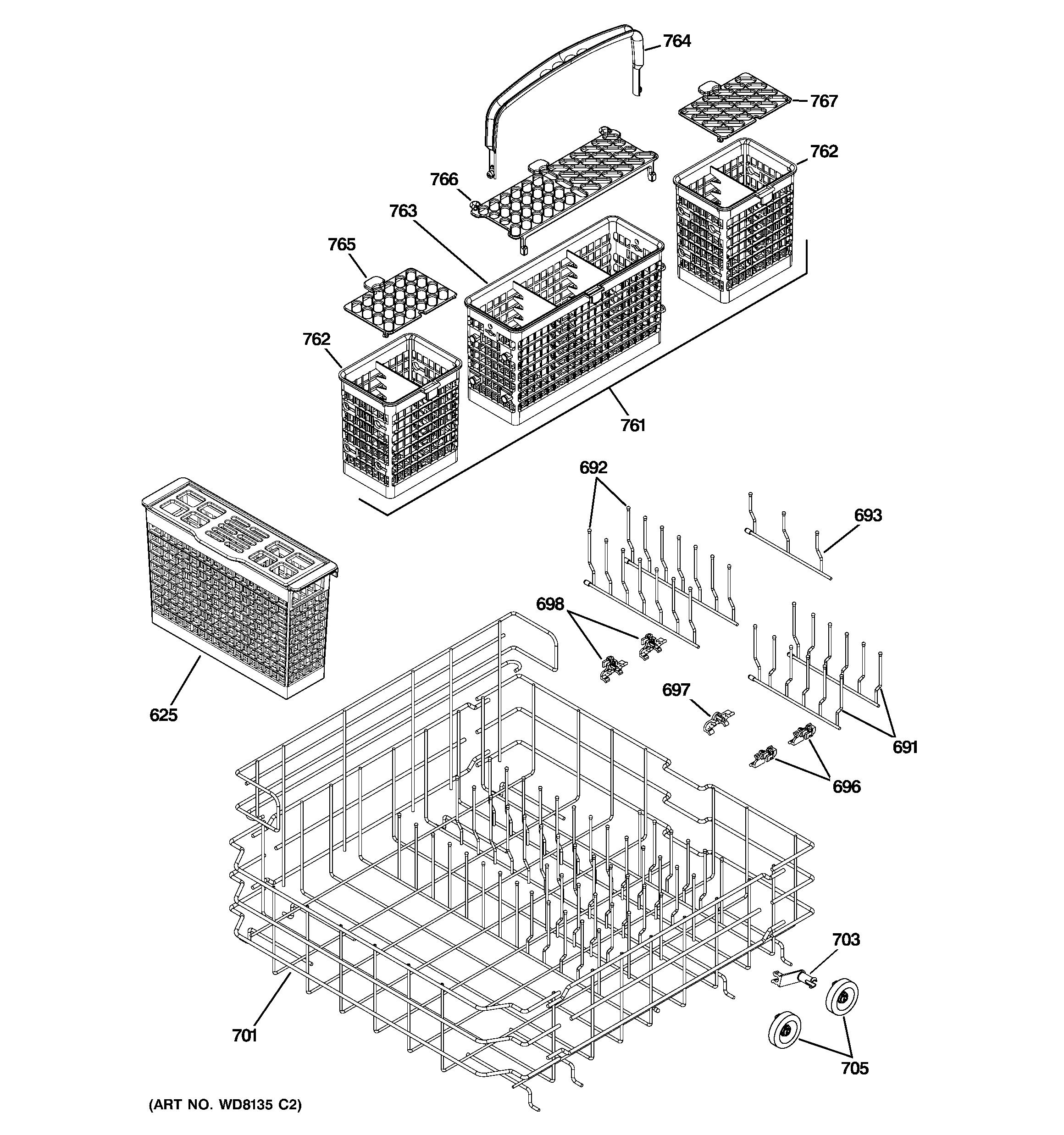 GE PDW9700J00II lower rack assembly diagram