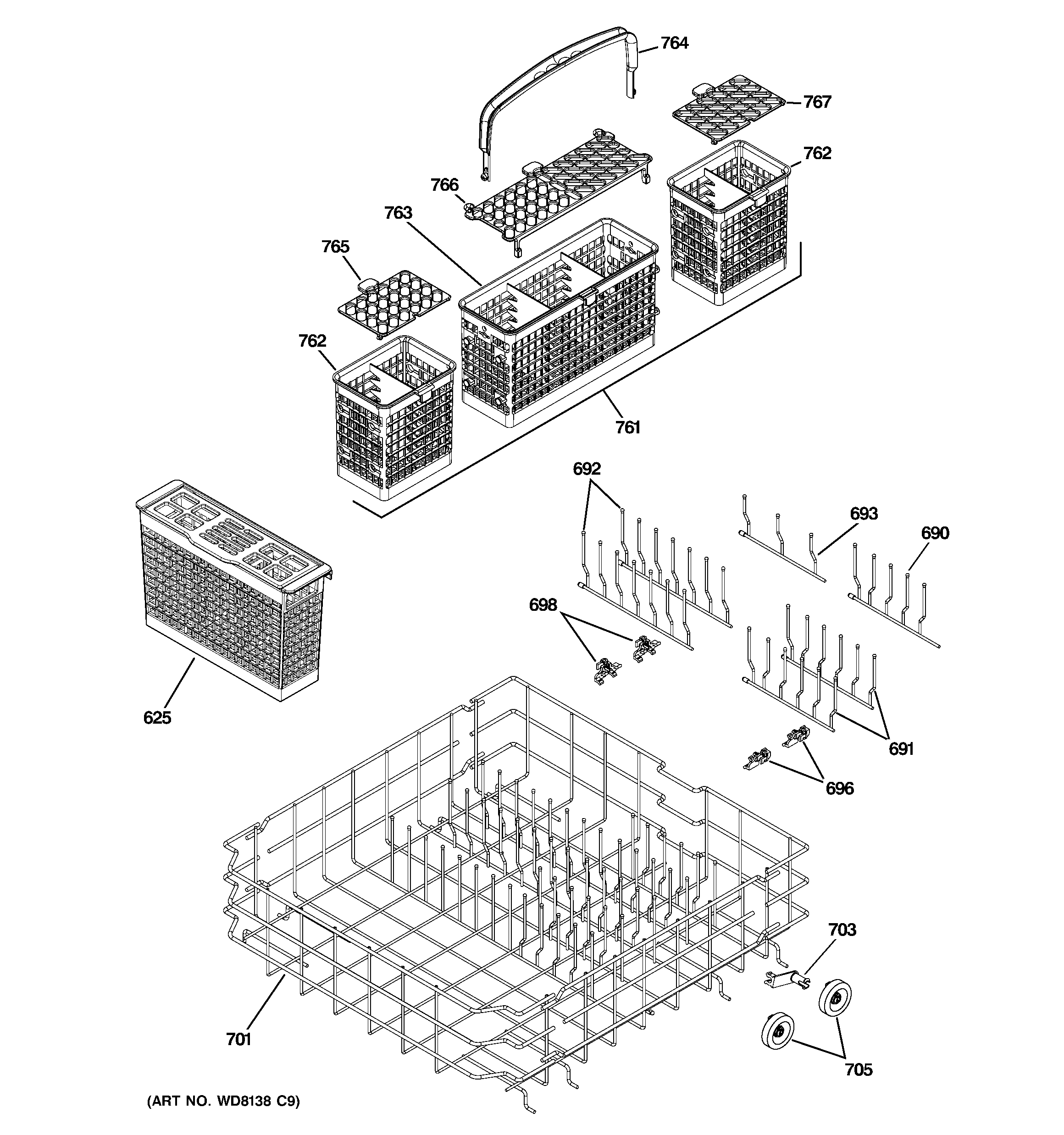 GE ZBD0710K15SS lower rack assembly diagram