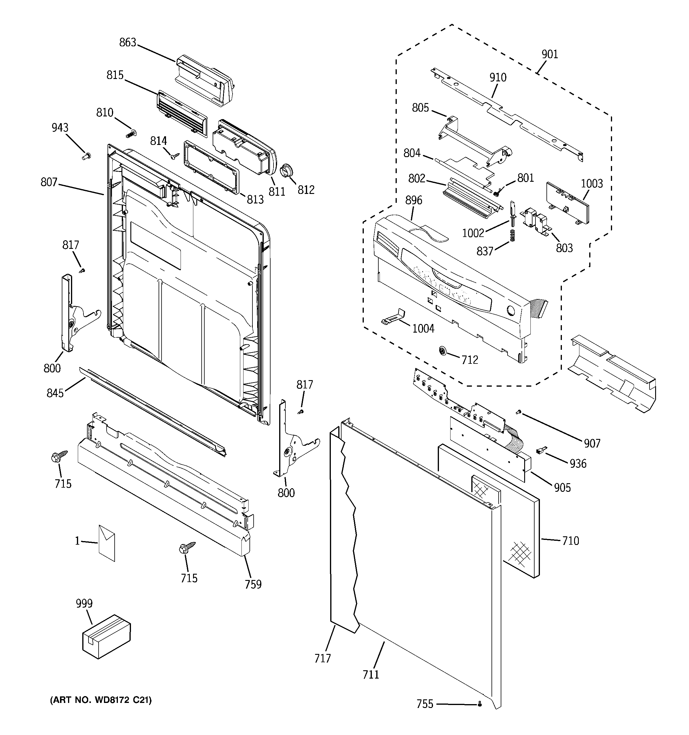 GE GLD5600N00WW escutcheon & door assembly diagram