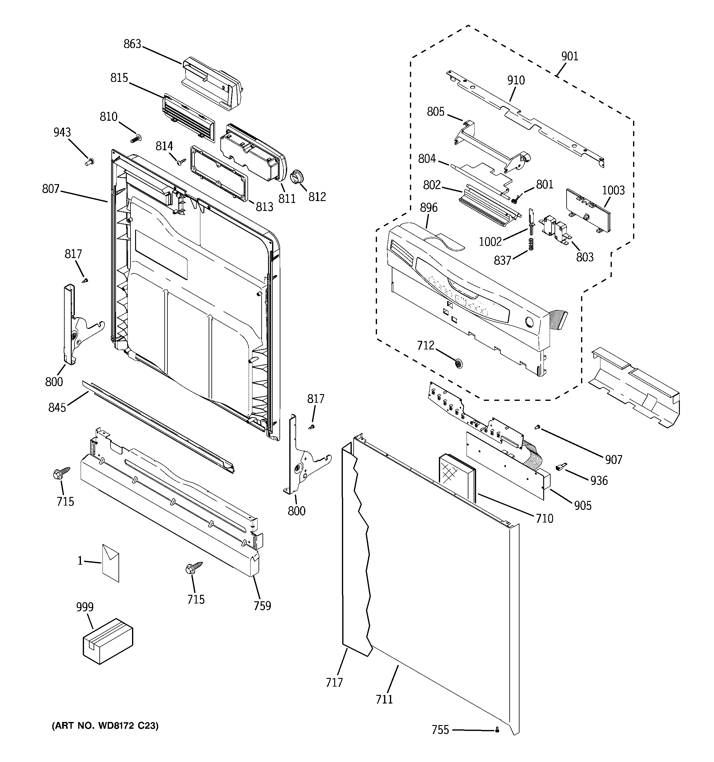 GE GHDA485N00CS escutcheon & door assembly diagram