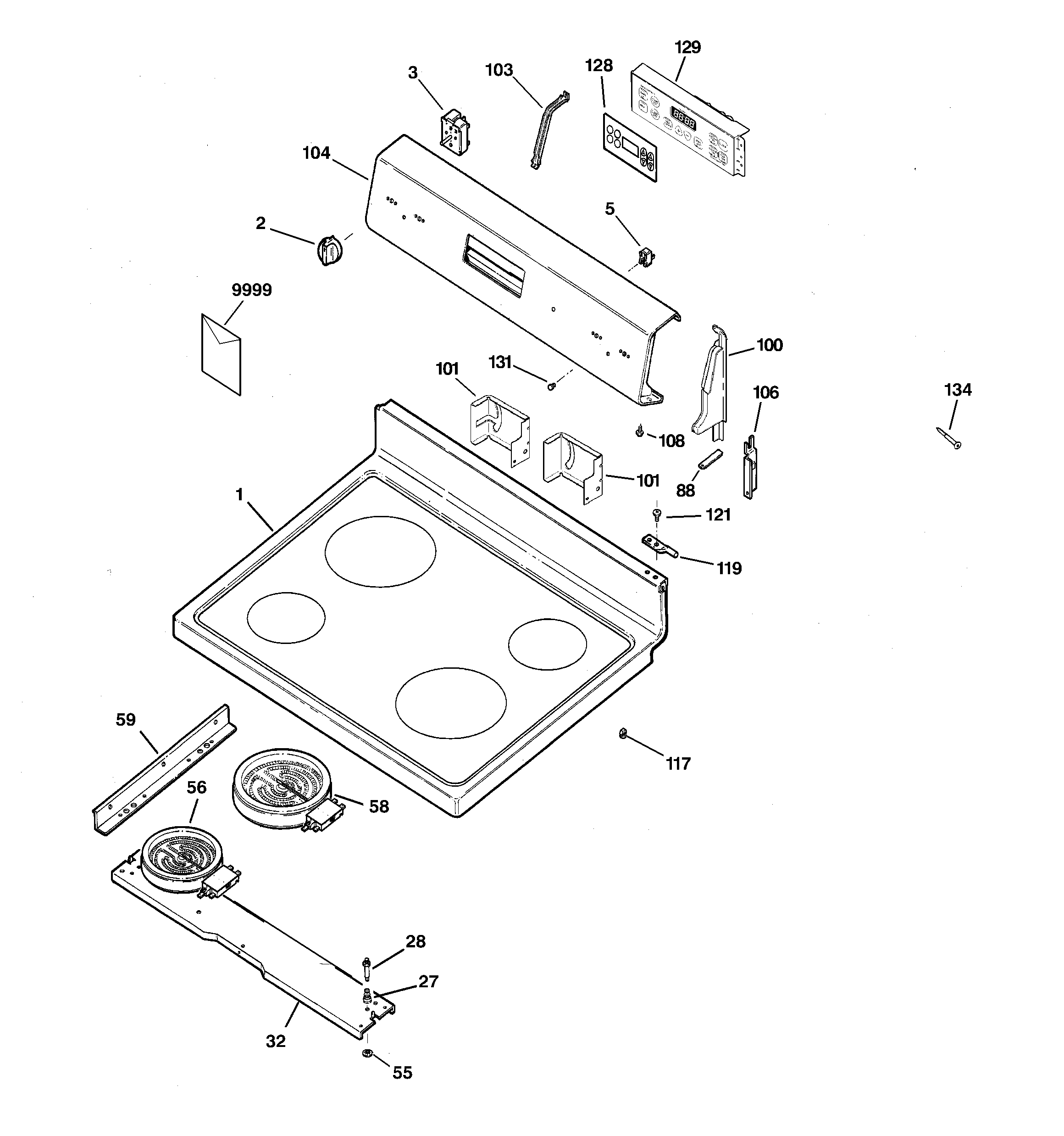GE JB600WK3WW control panel & cooktop diagram