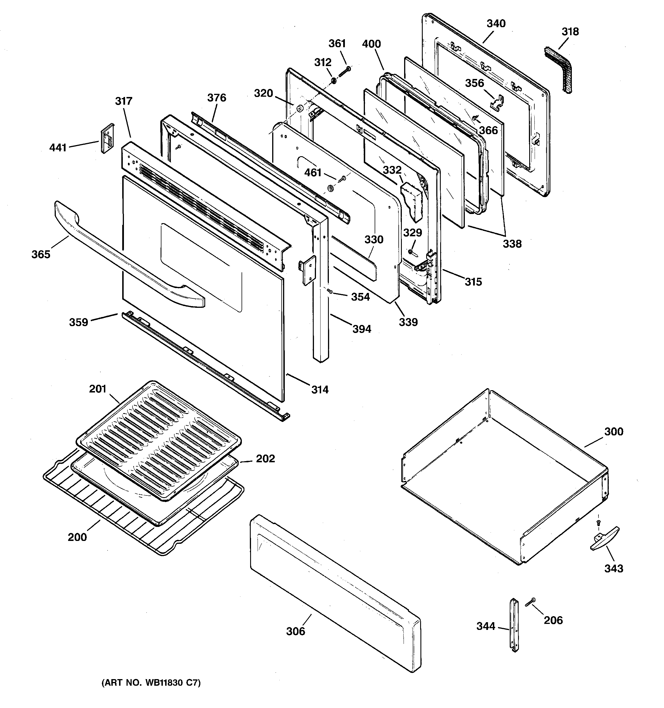GE JGBP35GXH4WW door & drawer parts diagram
