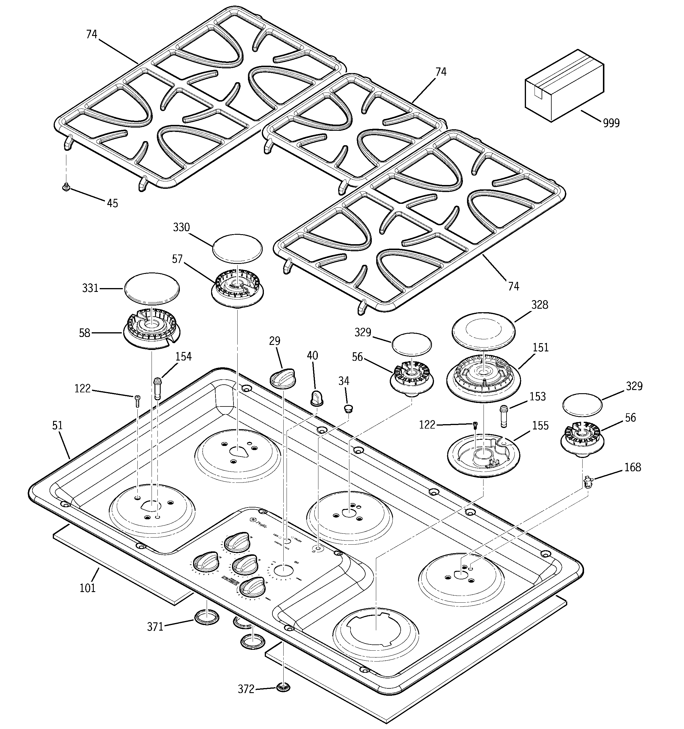 GE JGP975SEK1SS control panel & cooktop diagram