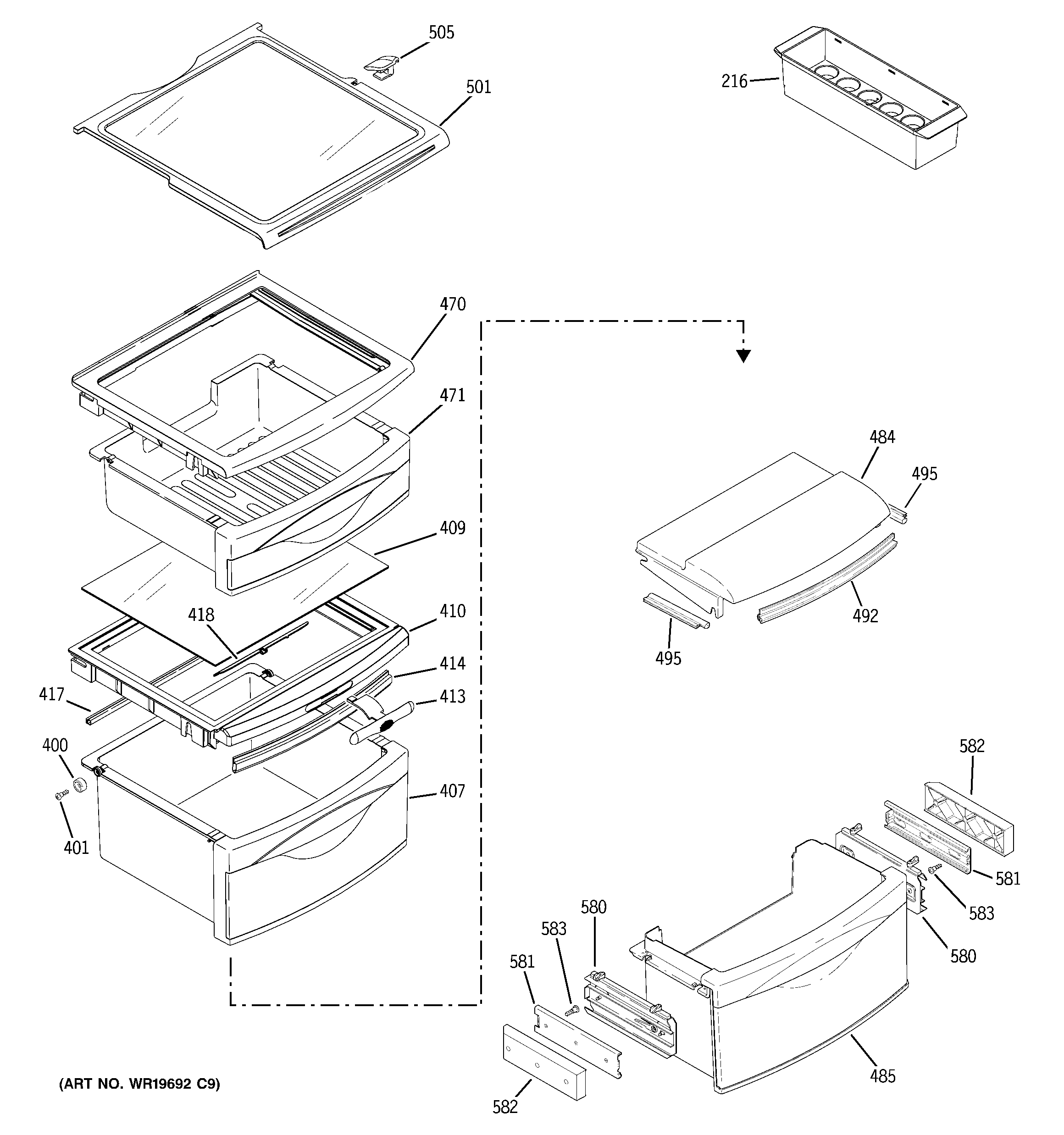 GE GSE25MGTBCWW fresh food shelves diagram