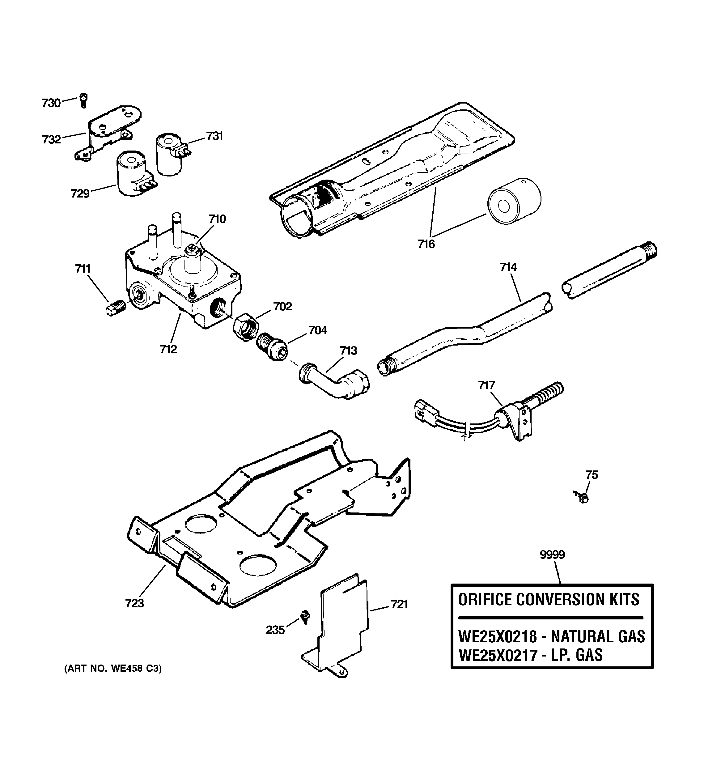 GE DBXR463PF0CC gas valve & burner assembly diagram