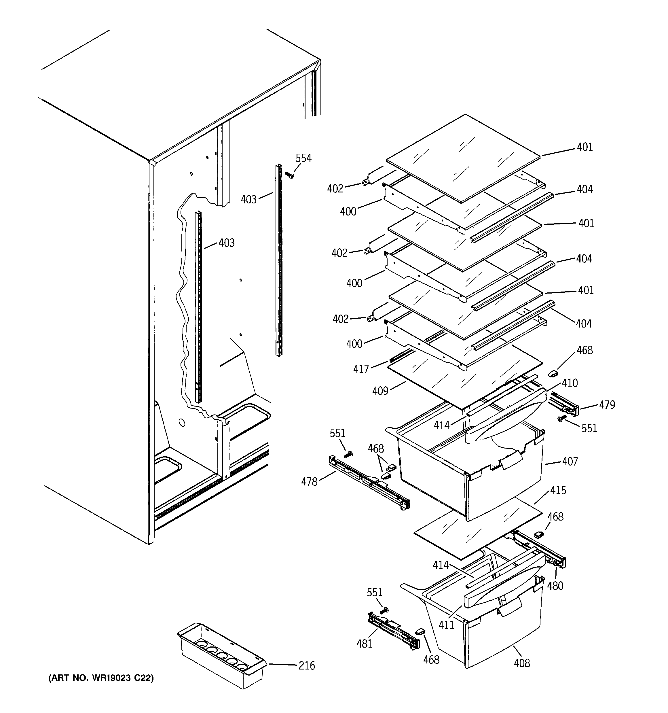 GE GSE20IETBFBB fresh food shelves diagram