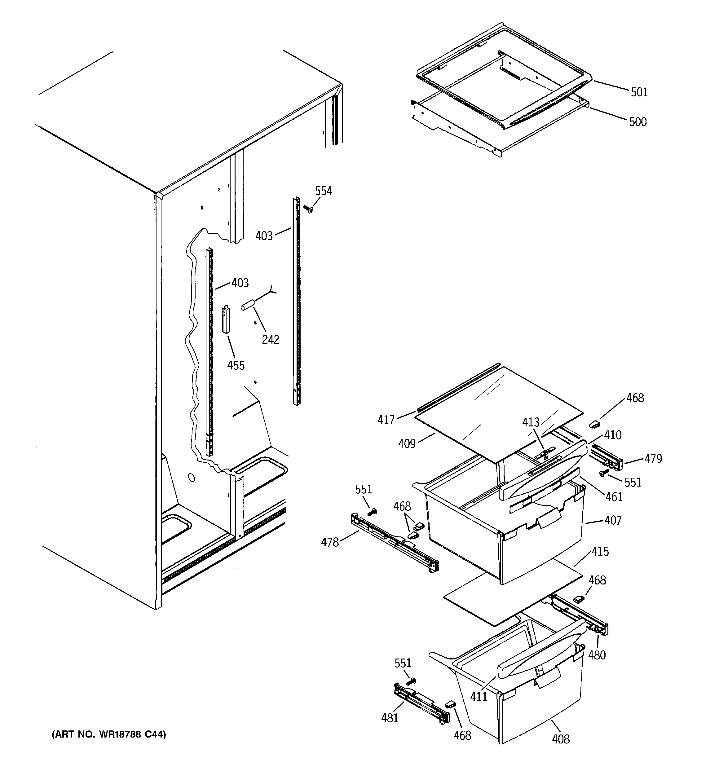 GE GSH25IFTBWW fresh food shelves diagram