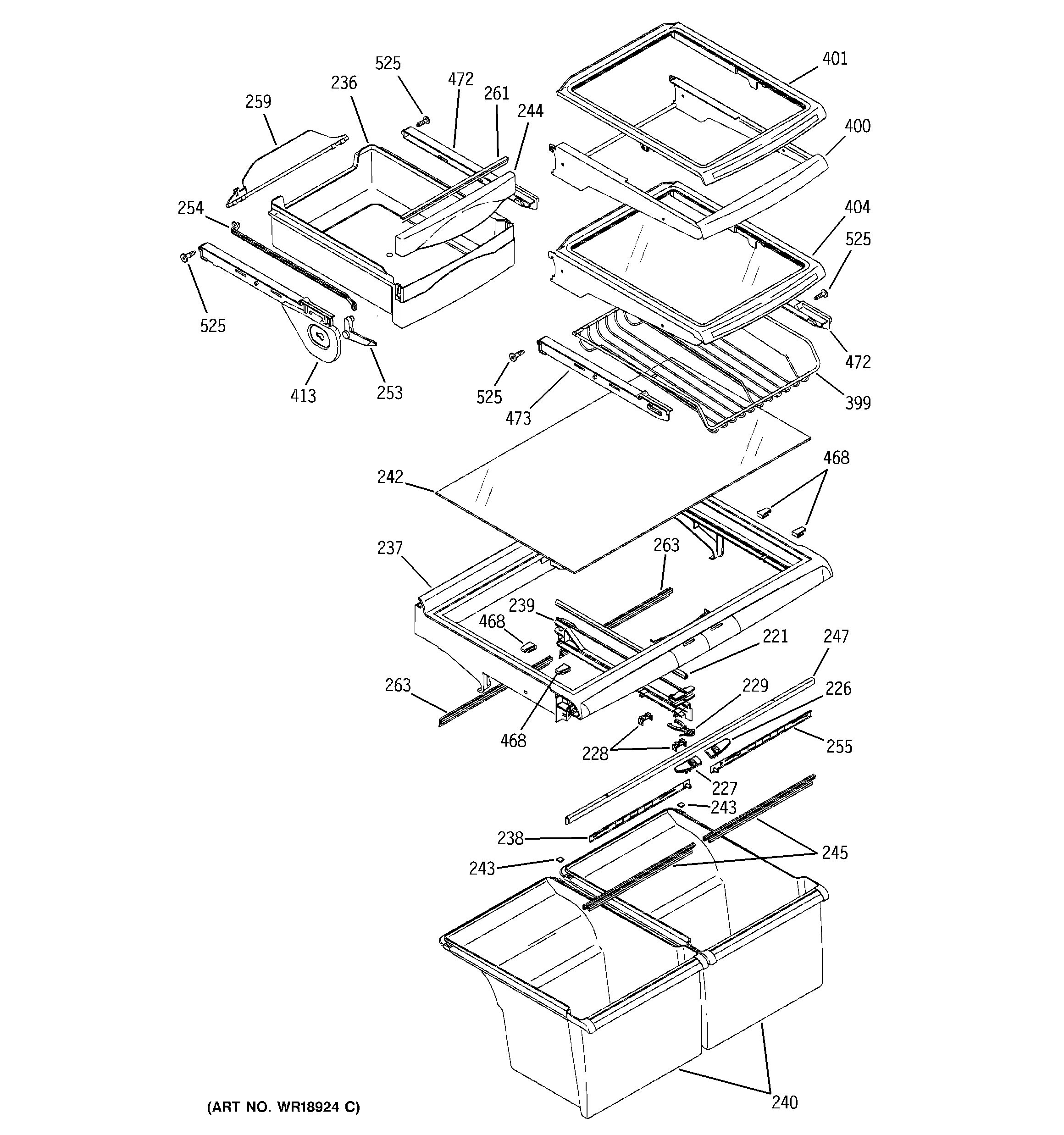 GE PTS25LHSARBB fresh food shelves diagram