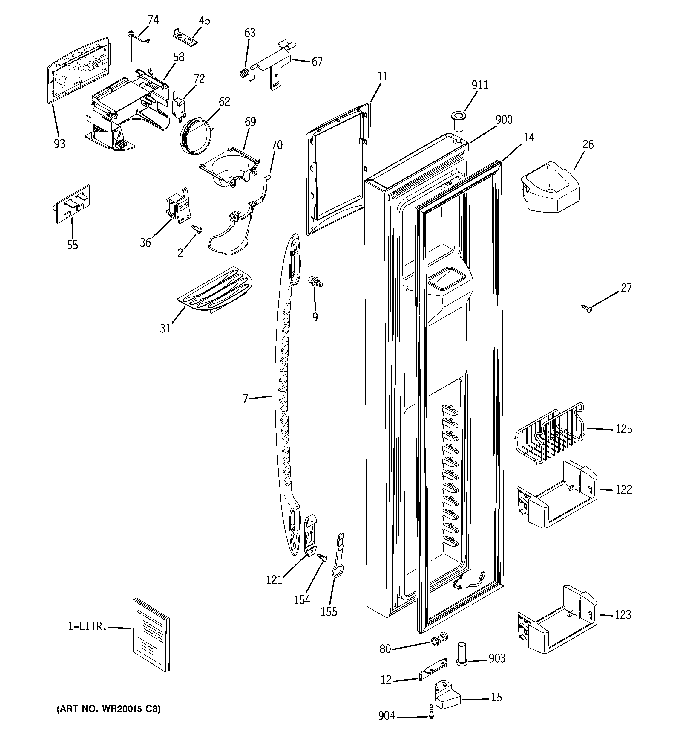 GE PCF25PGTBBB freezer door diagram