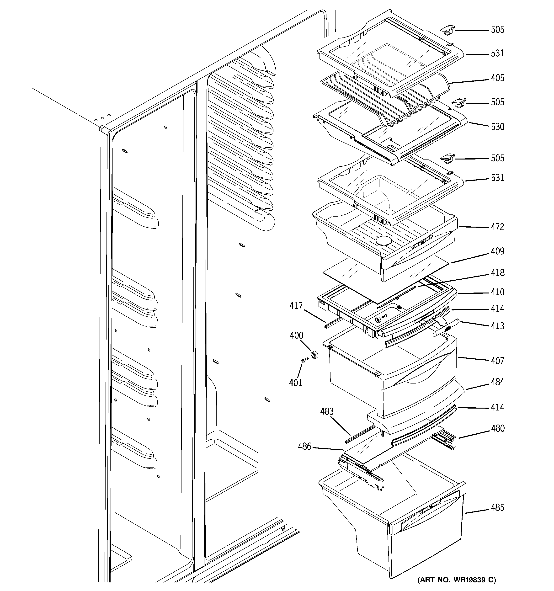 GE ESS23SGSASS fresh food shelves diagram