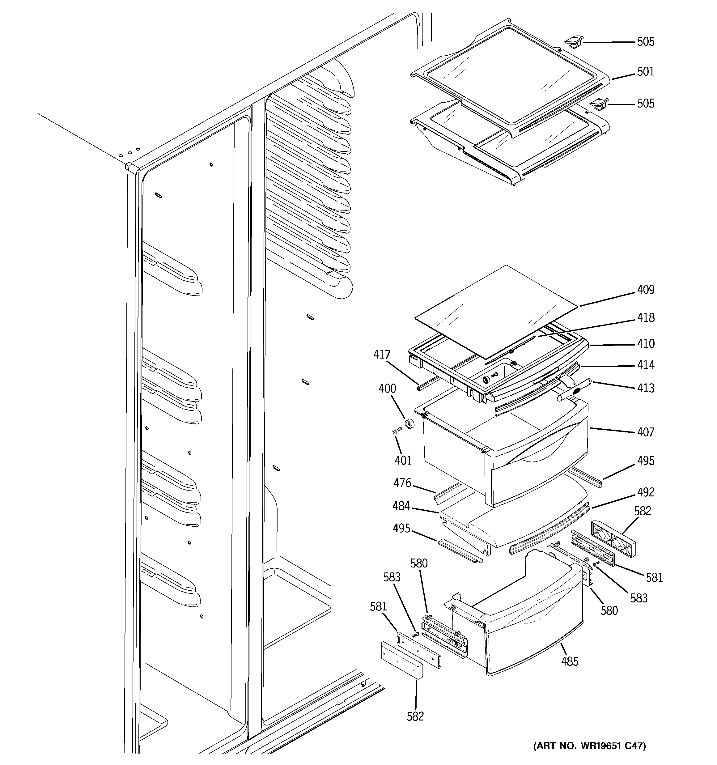 GE GCE23LGTBFBB fresh food shelves diagram