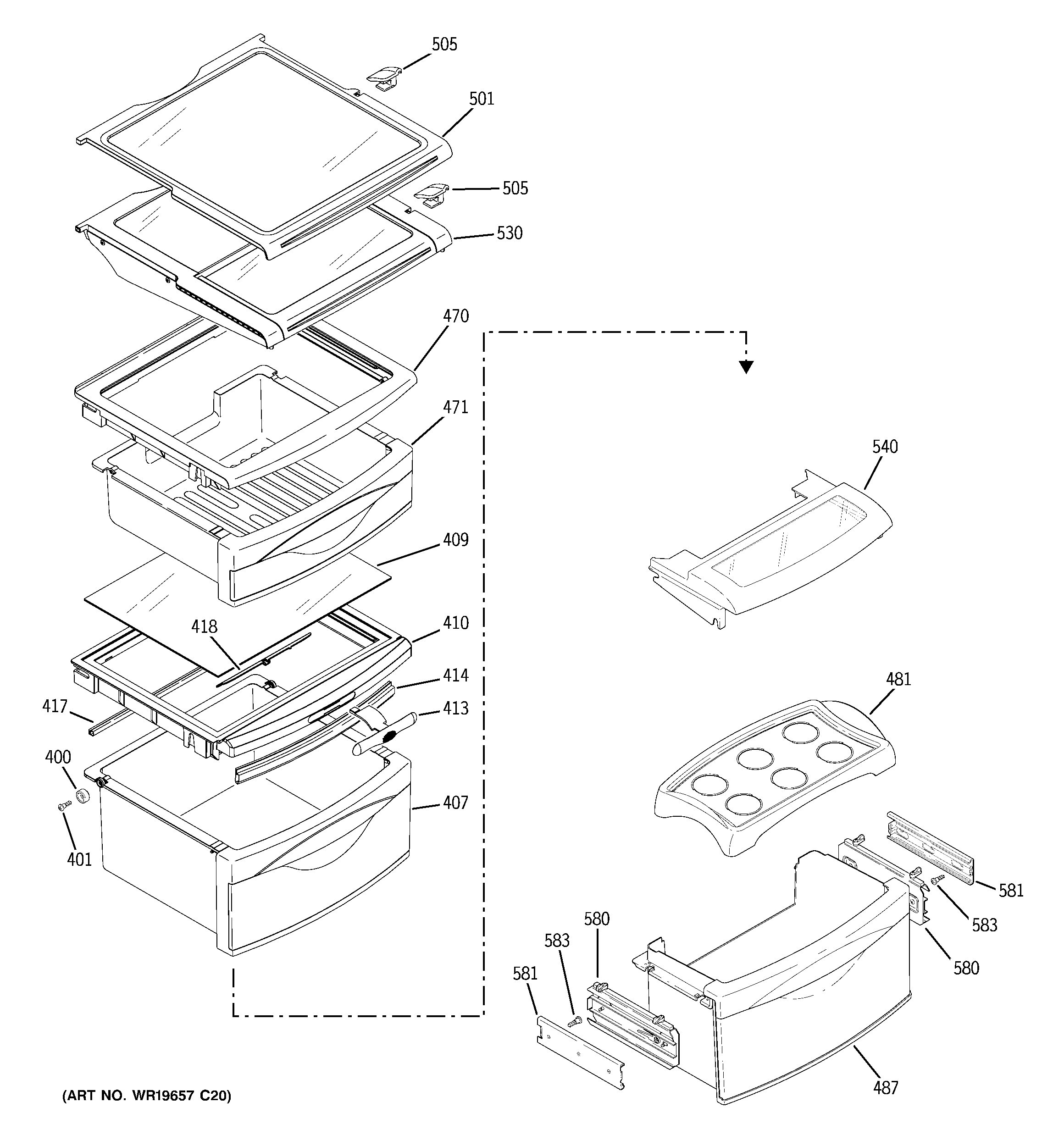 GE ZFSB26DRGSS fresh food shelves diagram