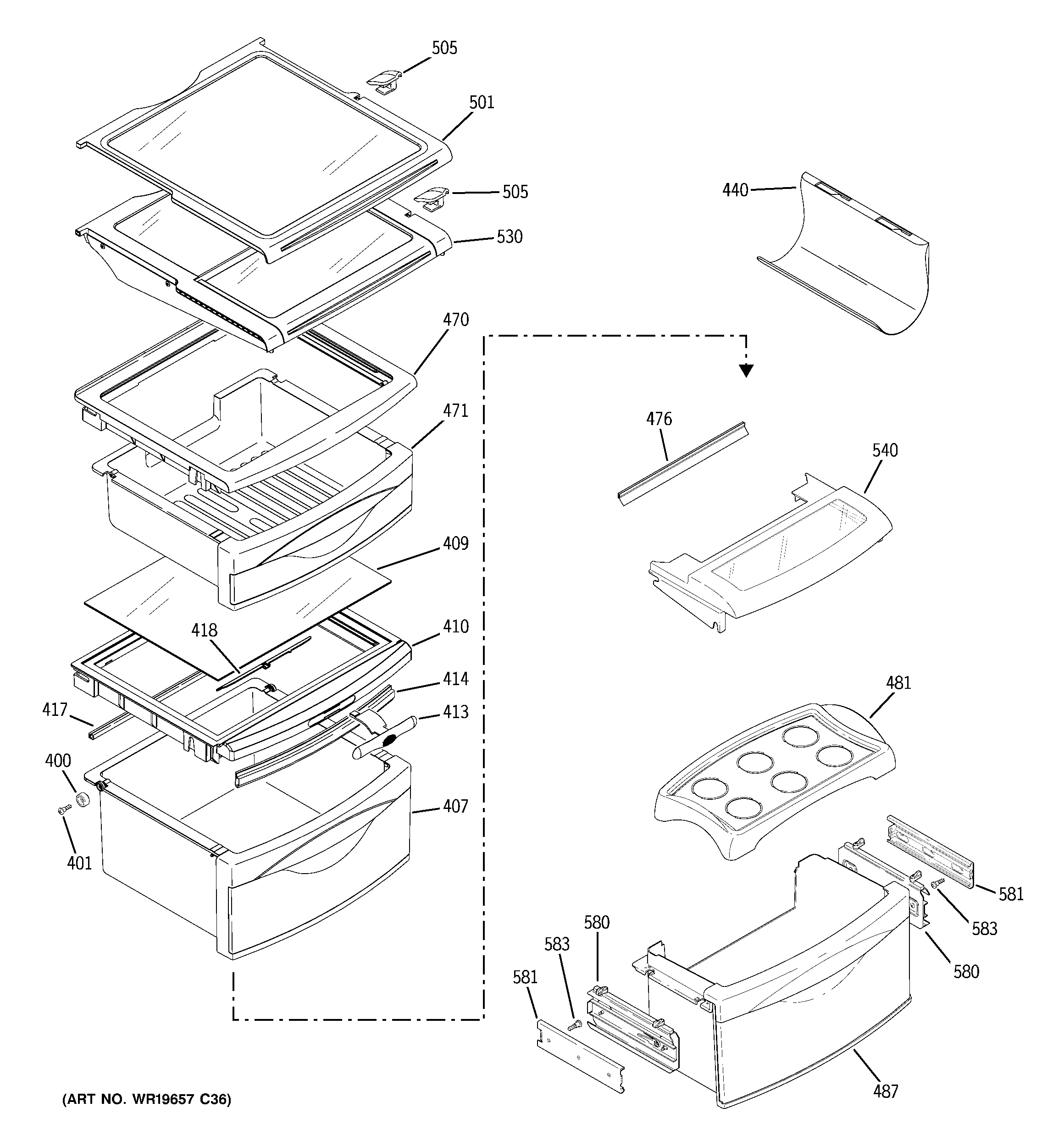 GE ZFSB26DRHSS fresh food shelves diagram